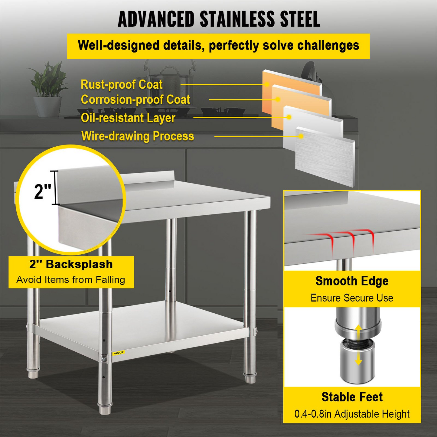 VEVOR Stainless Steel Prep Table, 36 x 24 x 35 Inch, 440lbs Load Capacity Heavy Duty Metal Worktable with Backsplash and Adjustable Undershelf, Commercial Workstation for Kitchen Restaurant