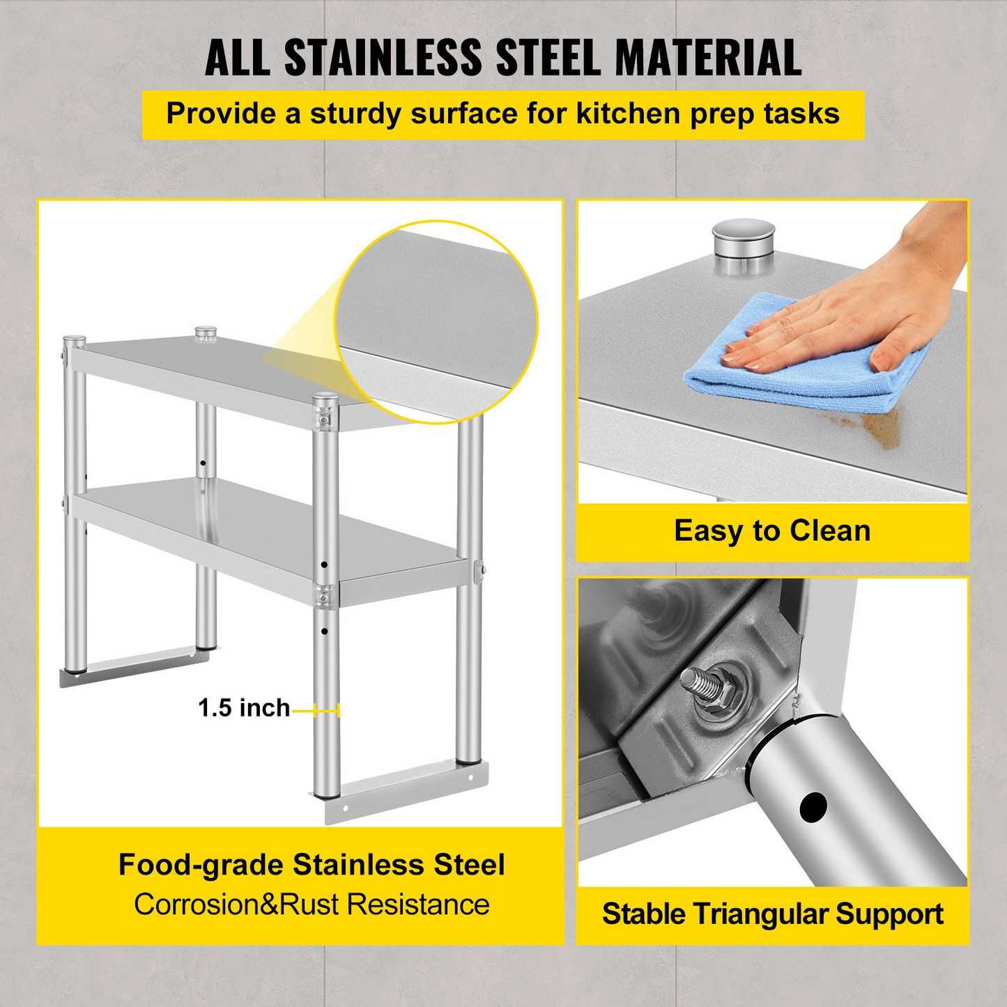 VEVOR Double Overshelf, Double Tier Stainless Steel Overshelf, 30 in. L x 12 in. W Double Deck Overshelf, Height Adjustable Overshelf for Prep & Work Table in Kitchen, Restaurant