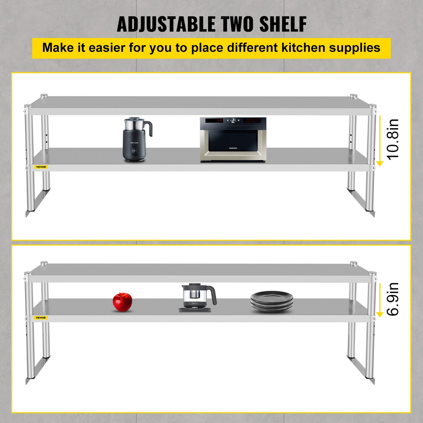 VEVOR Double Overshelf, Double Tier Stainless Steel Overshelf, 72 in Length x 12 in Width Double Deck Overshelf, Height Adjustable Overshelf for Prep & Work Table in Kitchen, Restaurant and Workshop