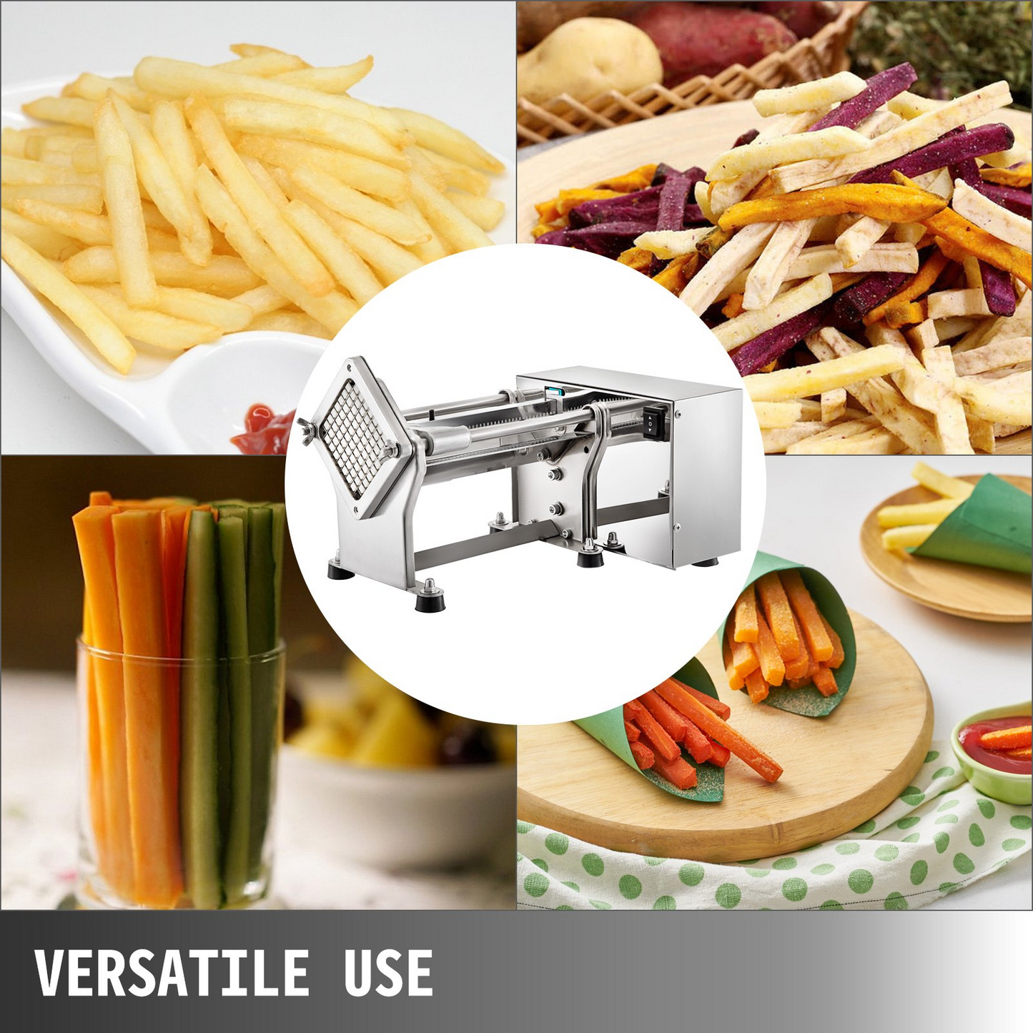 VEVOR Electric French Fry Cutter with 6mm 9mm 13mm and 8-Wedge Blade Potato Chip Cutter Machine 110V 40W Stainless Steel Electric Potato Cutter Horizontal