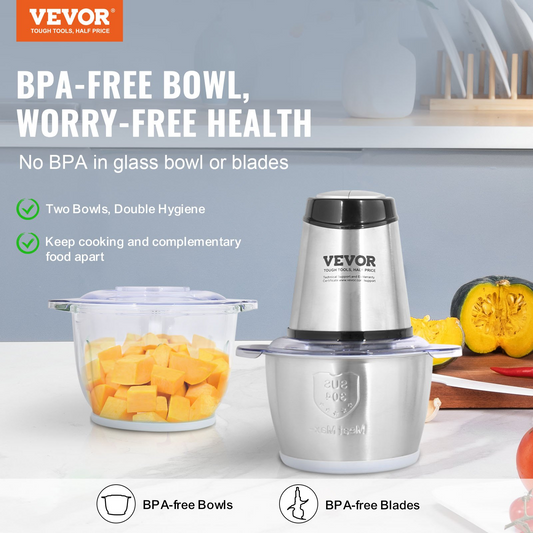 VEVOR Food Processor, Electric Meat Grinder with 4-Wing Stainless Steel Blades, 8 Cup+5 Cup Two Bowls, 400W Electric Food Chopper, 2 Speeds Food Grinder for Baby Food, Meat, Onion, Vegetables