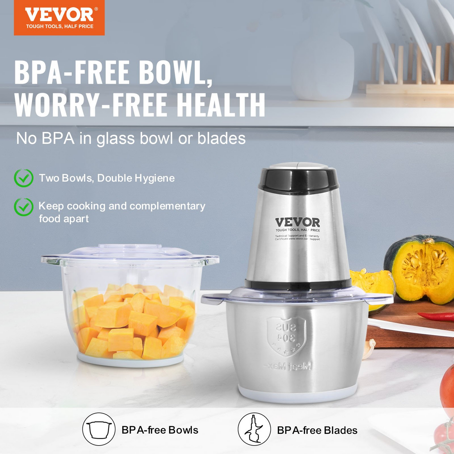 VEVOR Food Processor, Electric Meat Grinder with 4-Wing Stainless Steel Blades, 8 Cup+5 Cup Two Bowls, 400W Electric Food Chopper, 2 Speeds Food Grinder for Baby Food, Meat, Onion, Vegetables