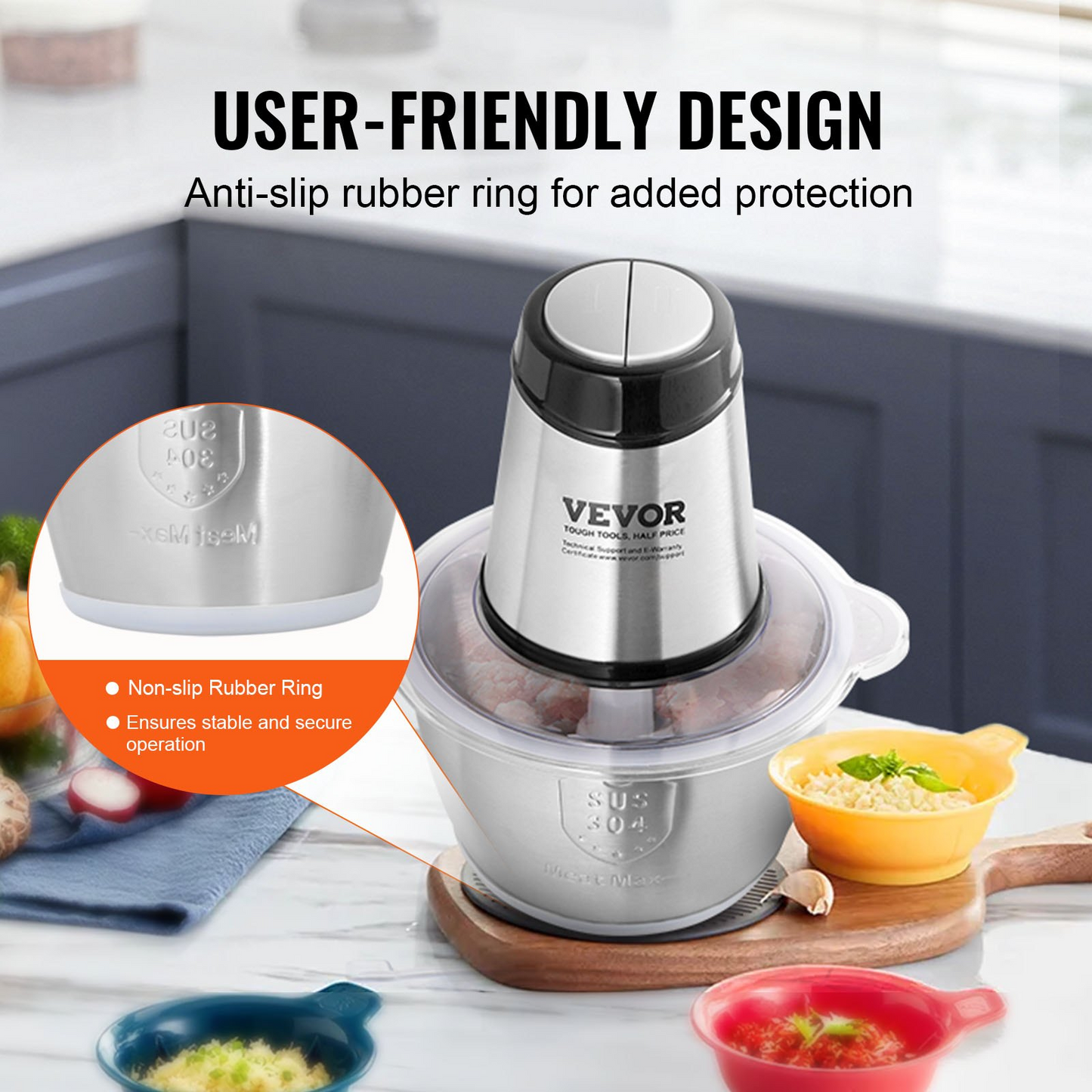 VEVOR Food Processor, Electric Meat Grinder with 4-Wing Stainless Steel Blades, 8 Cup+5 Cup Two Bowls, 400W Electric Food Chopper, 2 Speeds Food Grinder for Baby Food, Meat, Onion, Vegetables