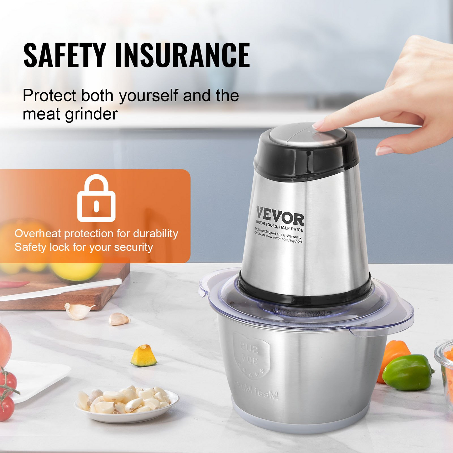 VEVOR Food Processor, Electric Meat Grinder with 4-Wing Stainless Steel Blades, 8 Cup+5 Cup Two Bowls, 400W Electric Food Chopper, 2 Speeds Food Grinder for Baby Food, Meat, Onion, Vegetables