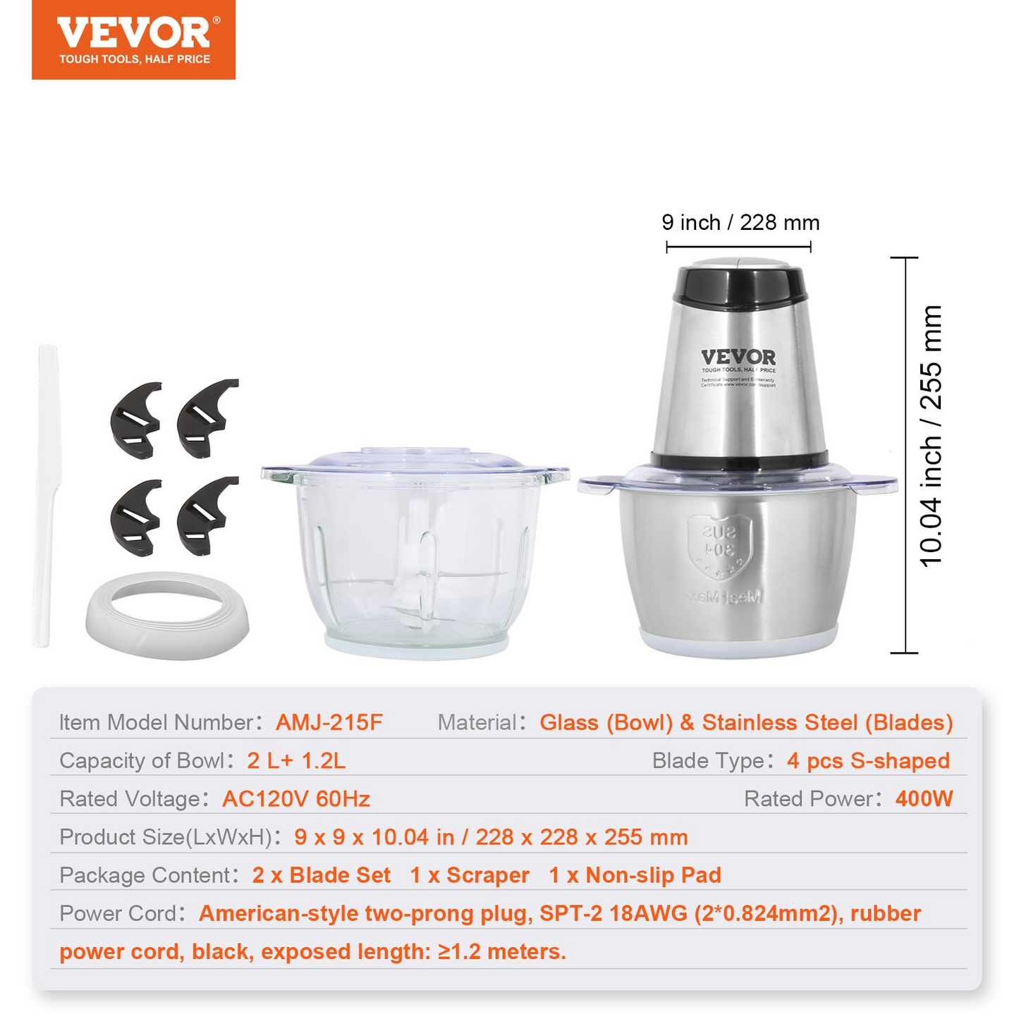VEVOR Food Processor, Electric Meat Grinder with 4-Wing Stainless Steel Blades, 8 Cup+5 Cup Two Bowls, 400W Electric Food Chopper, 2 Speeds Food Grinder for Baby Food, Meat, Onion, Vegetables