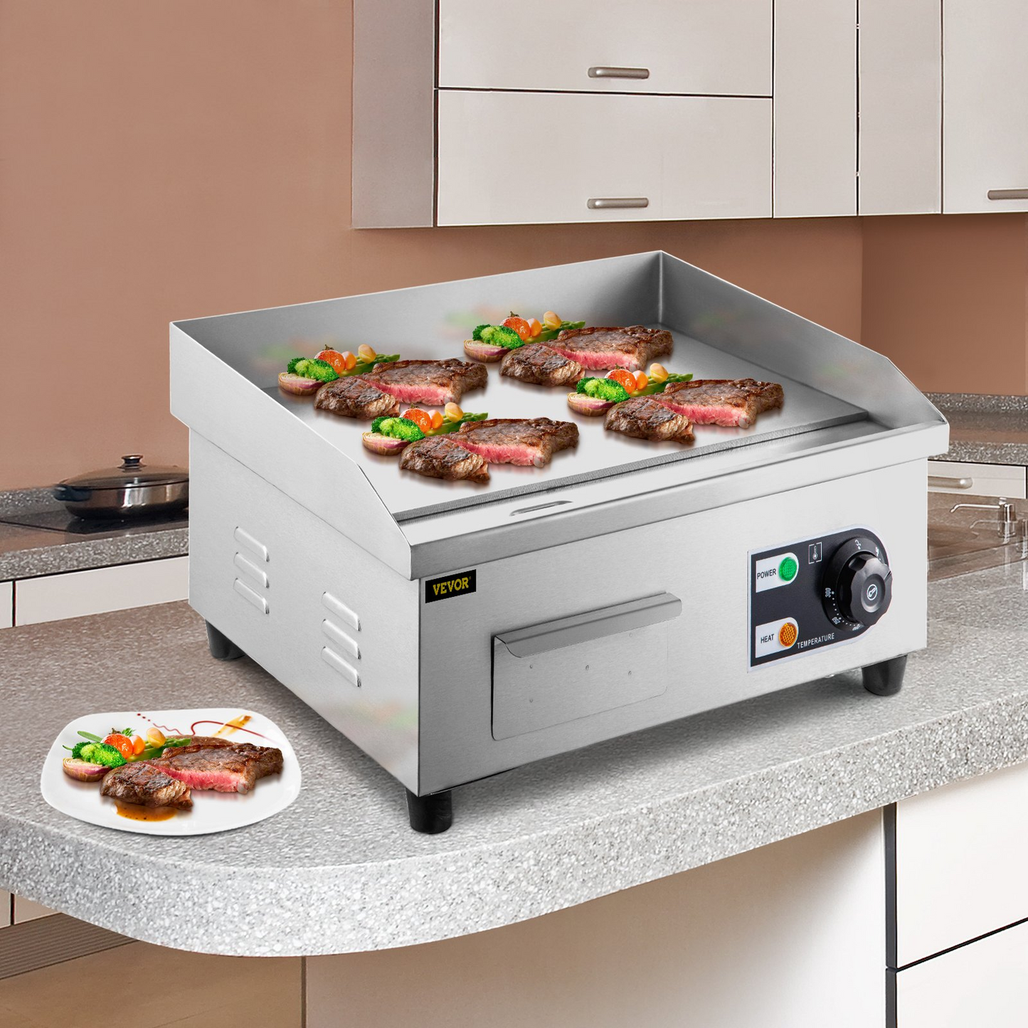 VEVOR 14" Electric Countertop Flat Top Griddle 110V 1500W Non-Stick Commercial Electric Griddles Restaurant Teppanyaki Grill Stainless Steel Adjustable Temperature Control 122°F-572°F, Sliver