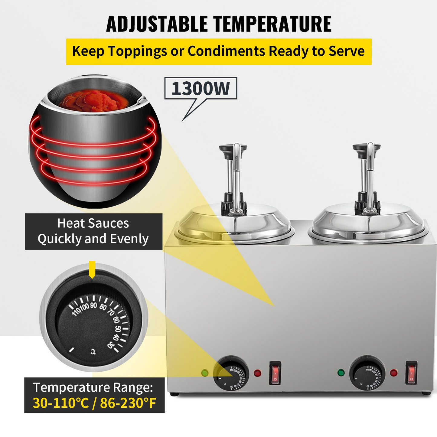 VEVOR Cheese Dispenser with Pump 5.28 Qt Capacity Hot Cheese Warmer 1300W Hot Fudge Warmer with Pump Single Head Fudge Warmer with Temperature Control for Hot Fudge Fudge Cheese Caramel