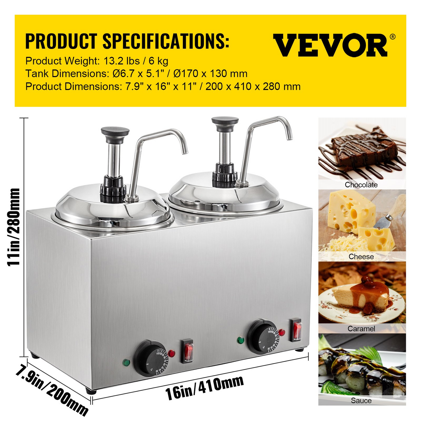 VEVOR Cheese Dispenser with Pump 5.28 Qt Capacity Hot Cheese Warmer 1300W Hot Fudge Warmer with Pump Single Head Fudge Warmer with Temperature Control for Hot Fudge Fudge Cheese Caramel