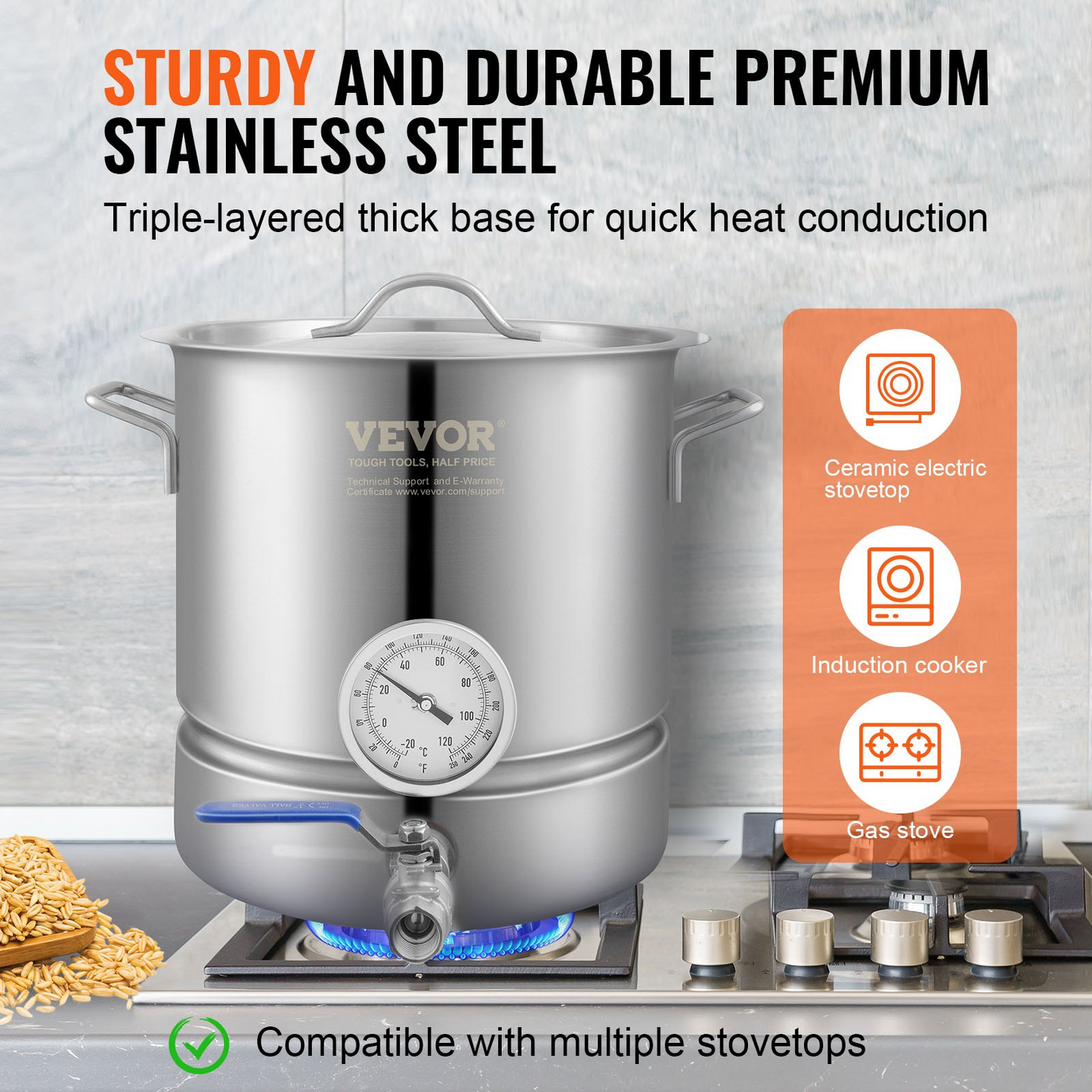 VEVOR Stainless Steel Kettle, 5 GALLON Brewing Pot, Tri Ply Bottom for Beer, Brew Kettle Pot for Beer Brewing, Home Brewing Supplies Includes Lid, Handle, Thermometer, Ball Valve Spigot