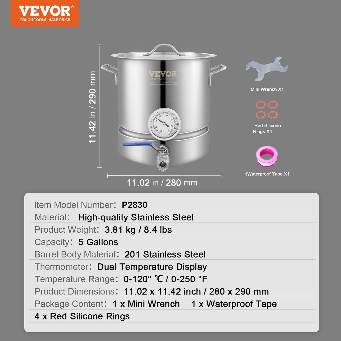 VEVOR Stainless Steel Kettle, 5 GALLON Brewing Pot, Tri Ply Bottom for Beer, Brew Kettle Pot for Beer Brewing, Home Brewing Supplies Includes Lid, Handle, Thermometer, Ball Valve Spigot