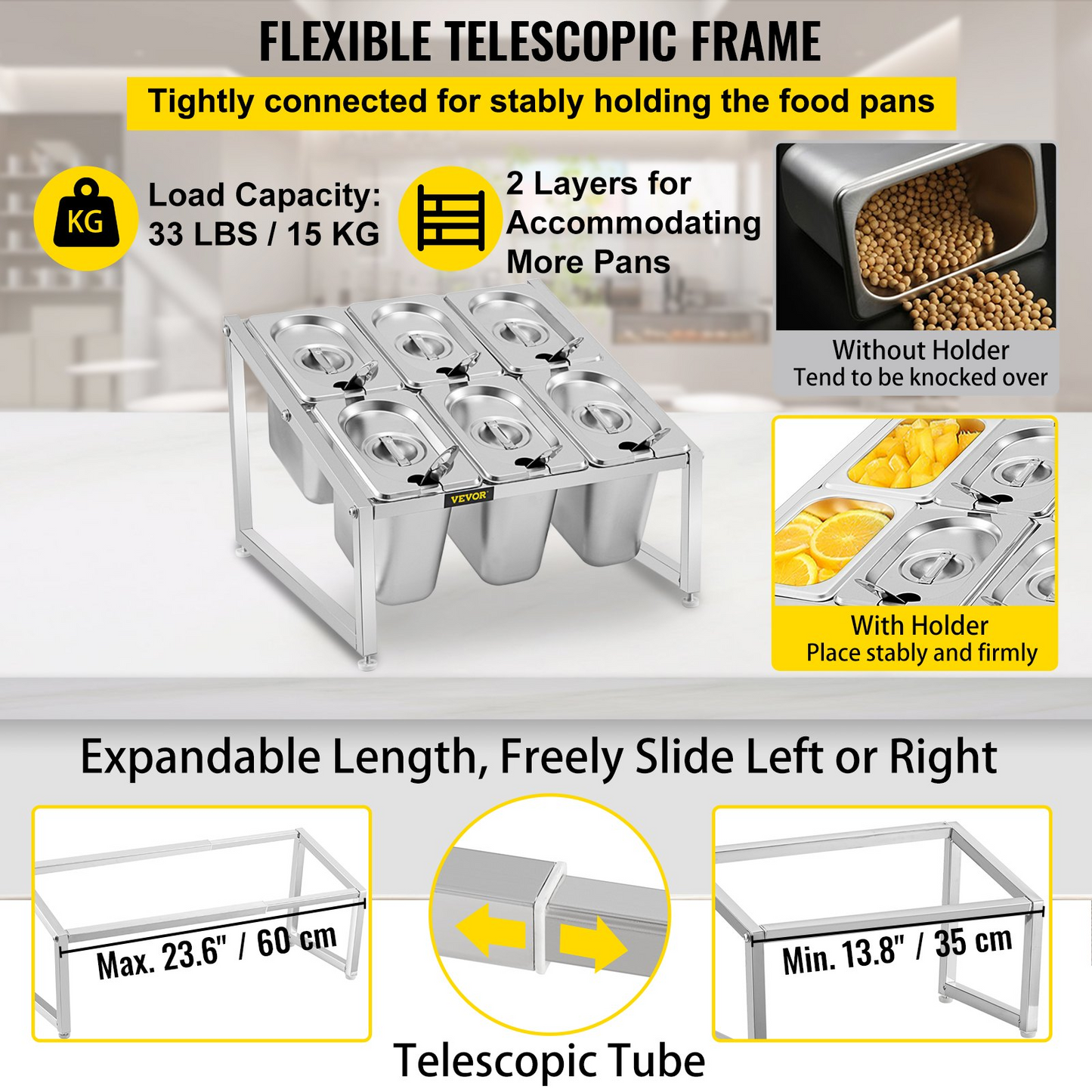 VEVOR Expandable Spice Rack, 13.8"-23.6" Adjustable, 2-Tier Stainless Steel Organizer Shelf with 6 1/9 Pans 6 Ladles, Countertop Inclined Holder for Sauce Ingredients Fruits, for Kitchen Pantry Use