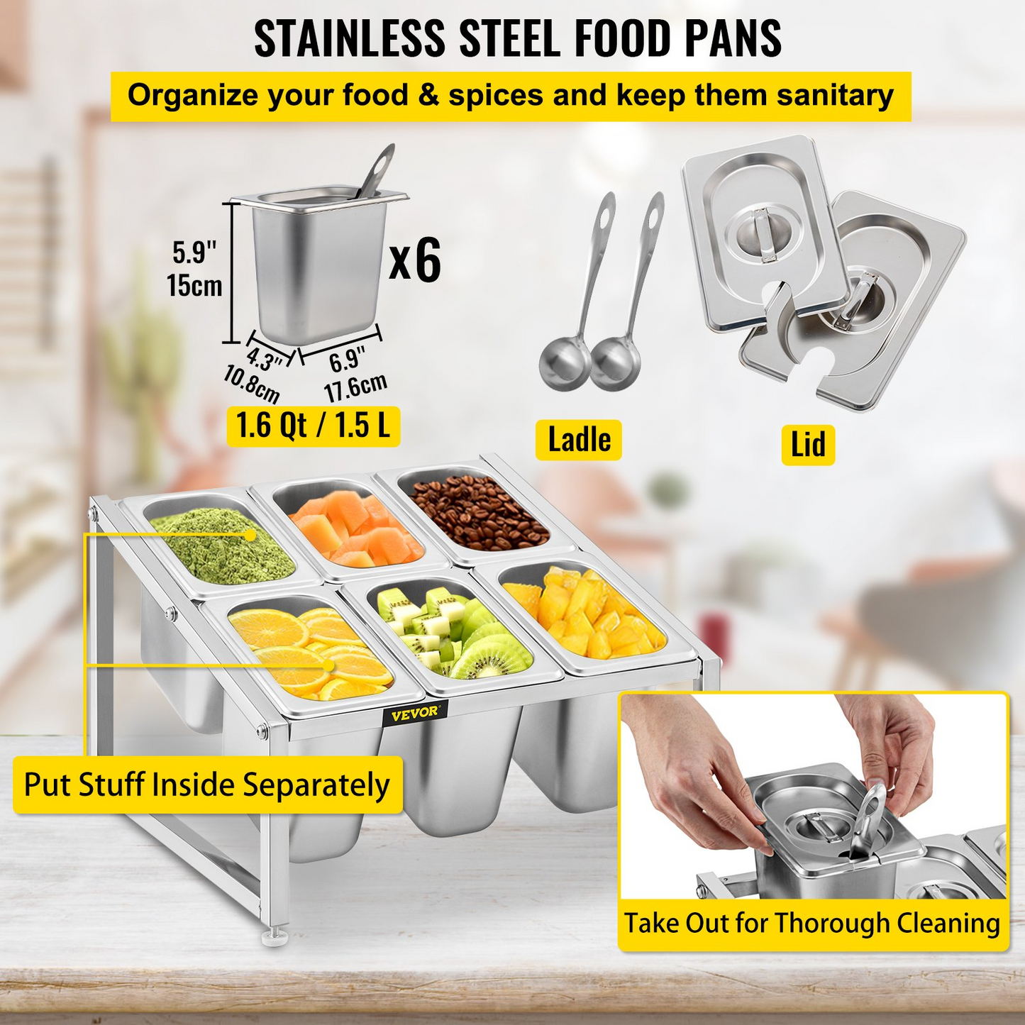VEVOR Expandable Spice Rack, 13.8"-23.6" Adjustable, 2-Tier Stainless Steel Organizer Shelf with 6 1/9 Pans 6 Ladles, Countertop Inclined Holder for Sauce Ingredients Fruits, for Kitchen Pantry Use