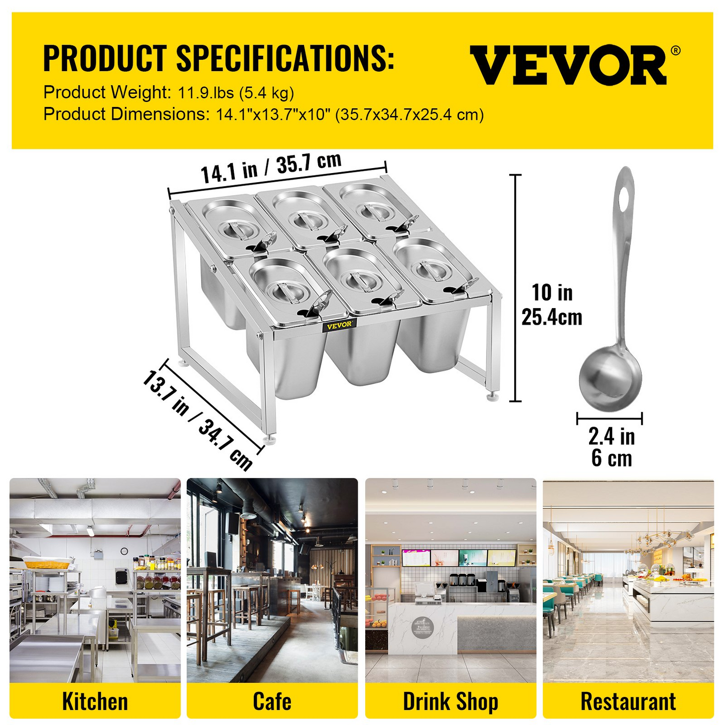 VEVOR Expandable Spice Rack, 13.8"-23.6" Adjustable, 2-Tier Stainless Steel Organizer Shelf with 6 1/9 Pans 6 Ladles, Countertop Inclined Holder for Sauce Ingredients Fruits, for Kitchen Pantry Use
