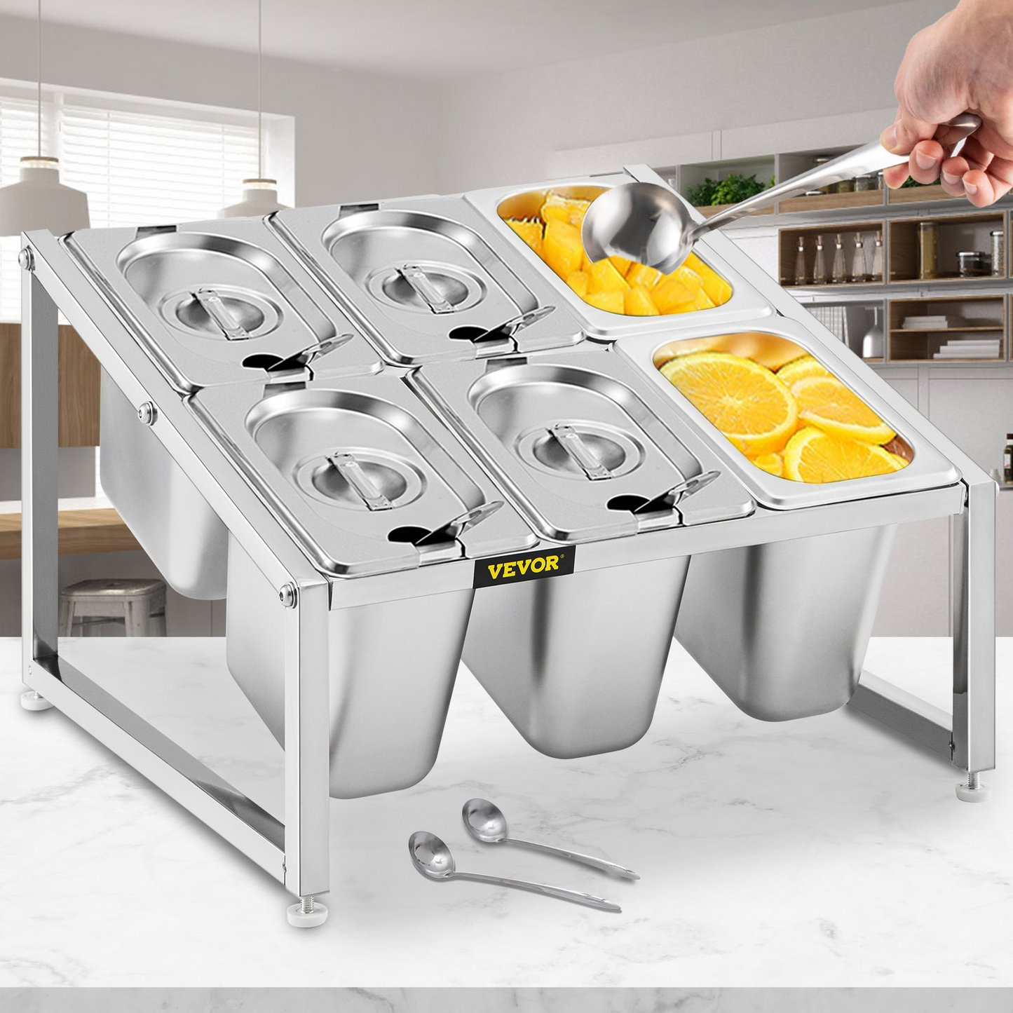 VEVOR Expandable Spice Rack, 13.8"-23.6" Adjustable, 2-Tier Stainless Steel Organizer Shelf with 6 1/9 Pans 6 Ladles, Countertop Inclined Holder for Sauce Ingredients Fruits, for Kitchen Pantry Use