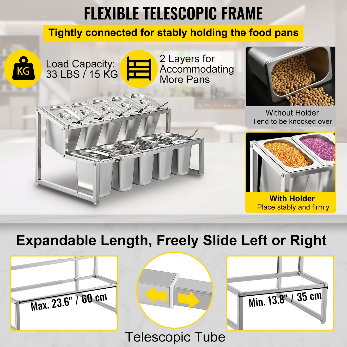 VEVOR Expandable Spice Rack, 13.8"-23.6" Adjustable, 2-Tier Stainless Steel Organizer Shelf with 10 1/9 Pans 10 Ladles, Countertop Inclined Holder for Sauce Ingredients Fruits, for Kitchen Pantry Use