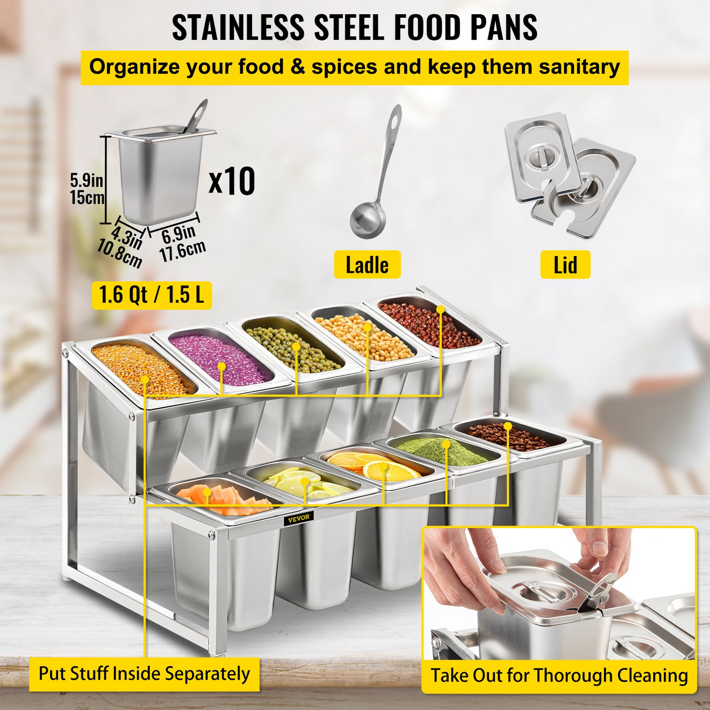 VEVOR Expandable Spice Rack, 13.8"-23.6" Adjustable, 2-Tier Stainless Steel Organizer Shelf with 10 1/9 Pans 10 Ladles, Countertop Inclined Holder for Sauce Ingredients Fruits, for Kitchen Pantry Use