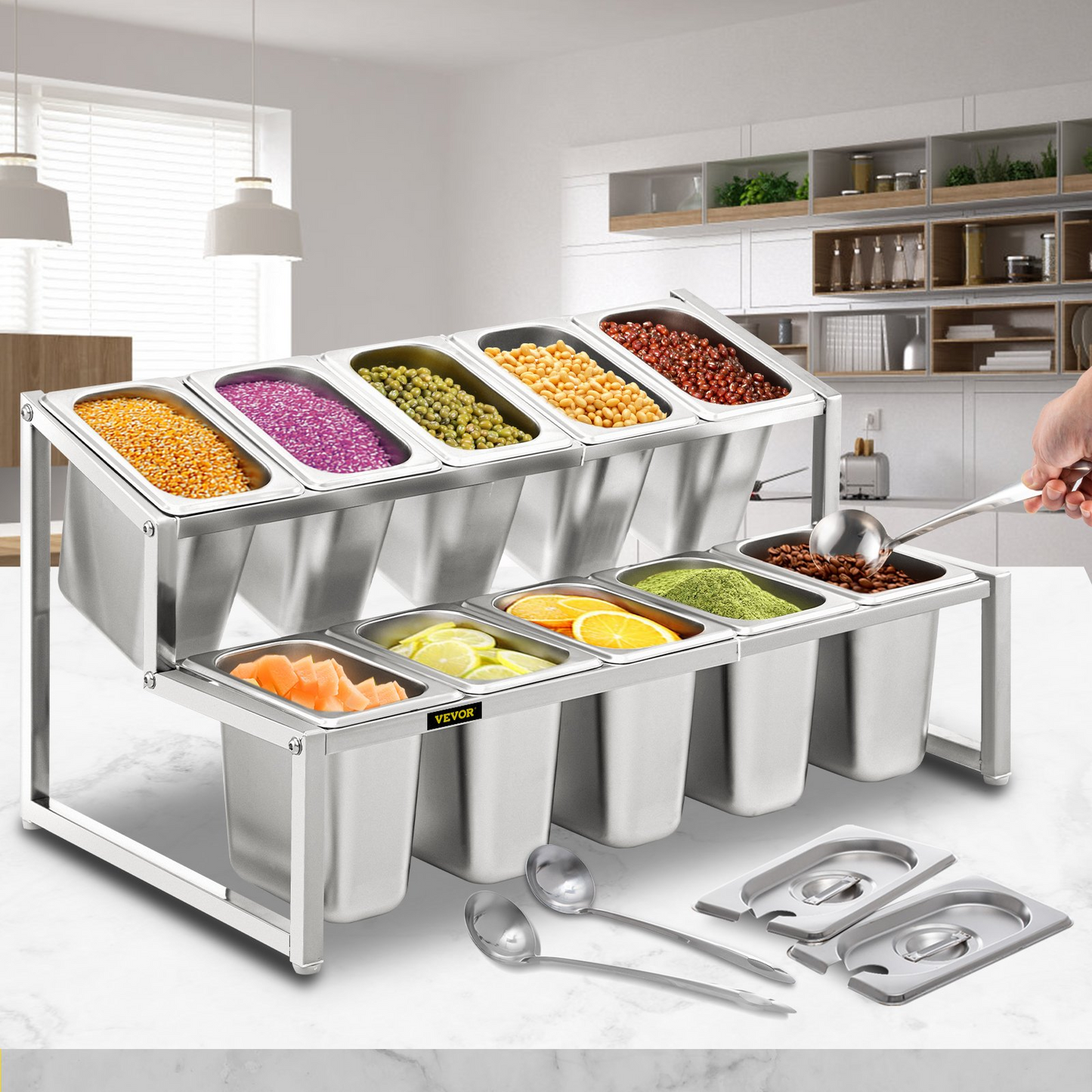 VEVOR Expandable Spice Rack, 13.8"-23.6" Adjustable, 2-Tier Stainless Steel Organizer Shelf with 10 1/9 Pans 10 Ladles, Countertop Inclined Holder for Sauce Ingredients Fruits, for Kitchen Pantry Use