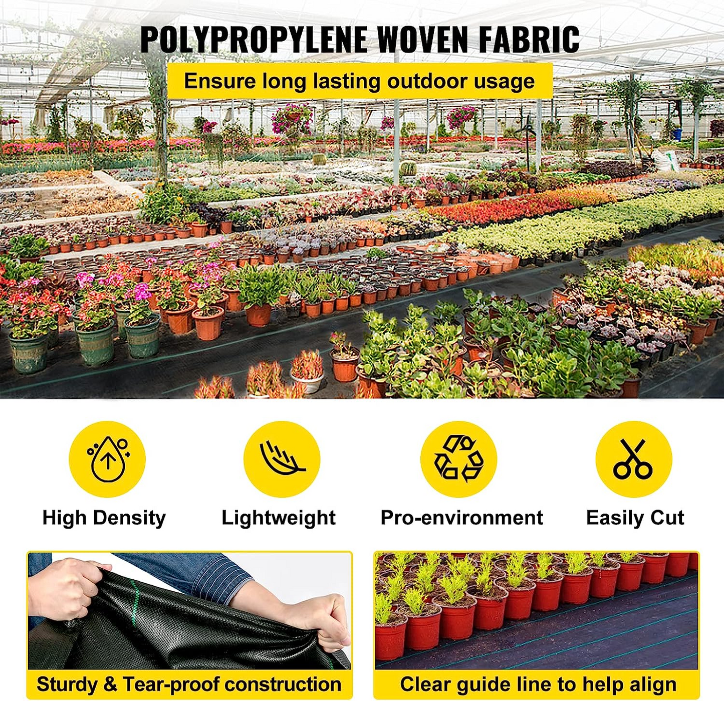VEVOR Weed Barrier Landscape Fabric, 5 x 250 ft, 5 Oz Premium Woven Ground Cover Heavy Duty PP Material & Easy Setup, Single-Layer for Outdoor Garden, Lawn, Driveway, Black