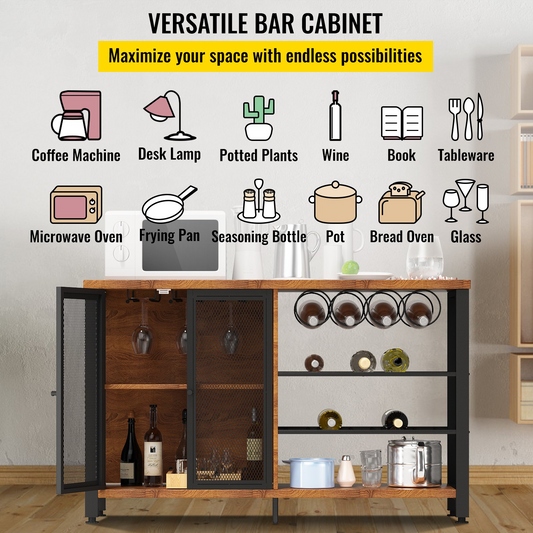 VEVOR Wine Bar Cabinet with Removable Wine Rack, Wine Table for Liquor with Glass Holder, Wine Rack and Metal Sideboard, Farmhouse Wood Coffee Bar for Living Room, (47 Inch, Rustic Oak)