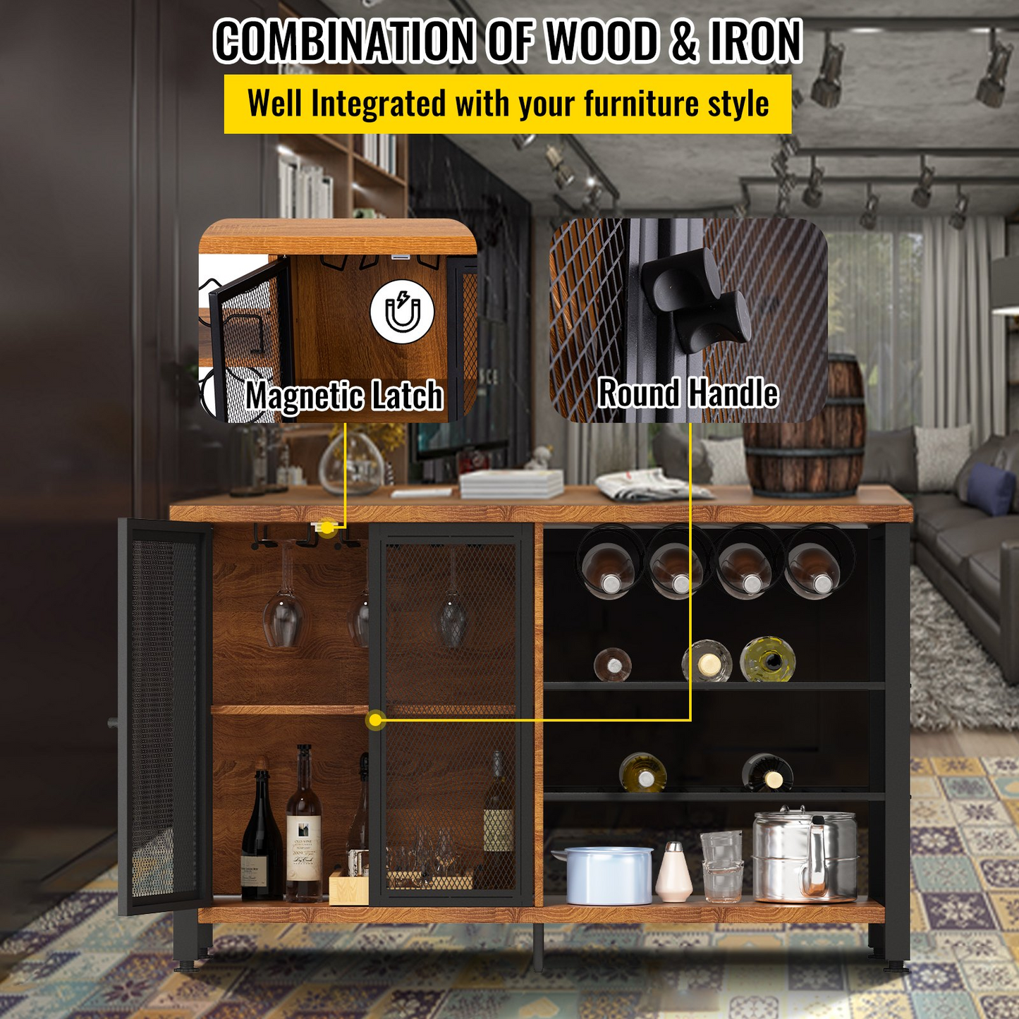VEVOR Wine Bar Cabinet with Removable Wine Rack, Wine Table for Liquor with Glass Holder, Wine Rack and Metal Sideboard, Farmhouse Wood Coffee Bar for Living Room, (47 Inch, Rustic Oak)