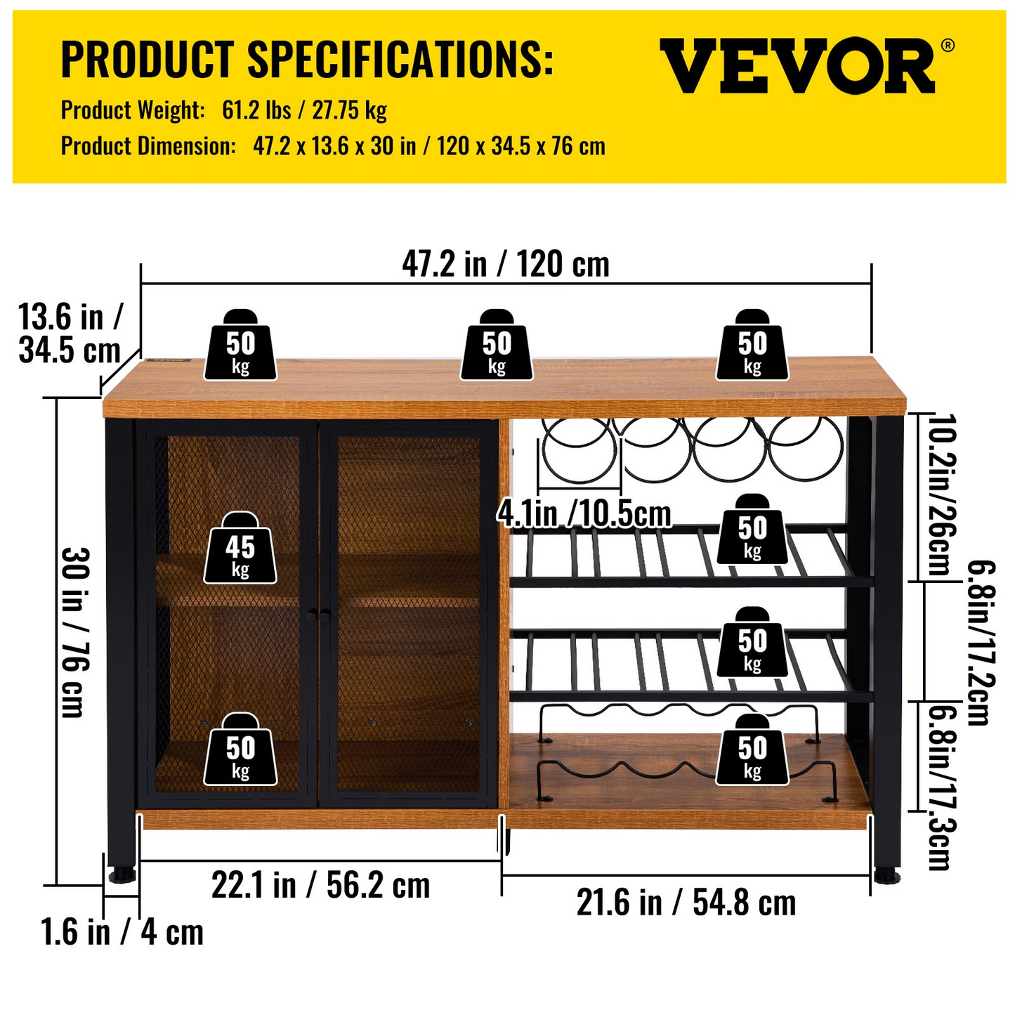 VEVOR Wine Bar Cabinet with Removable Wine Rack, Wine Table for Liquor with Glass Holder, Wine Rack and Metal Sideboard, Farmhouse Wood Coffee Bar for Living Room, (47 Inch, Rustic Oak)