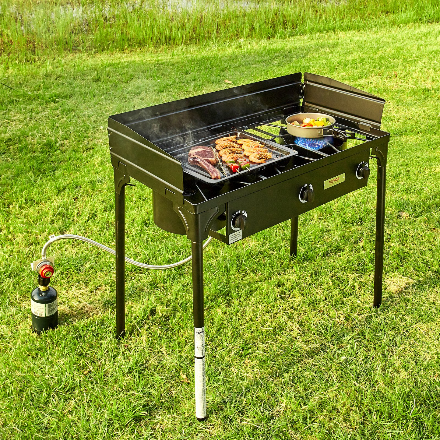 VEVOR Triple Burner Outdoor Camping Stove, 90,000-BTU Camping Modular Cooking Stove, Heavy Duty Carbon Steel Gas Cooker with Detachable Legs Stand & PSI Regulator, for BBQ Home Camp Patio RV Cooking
