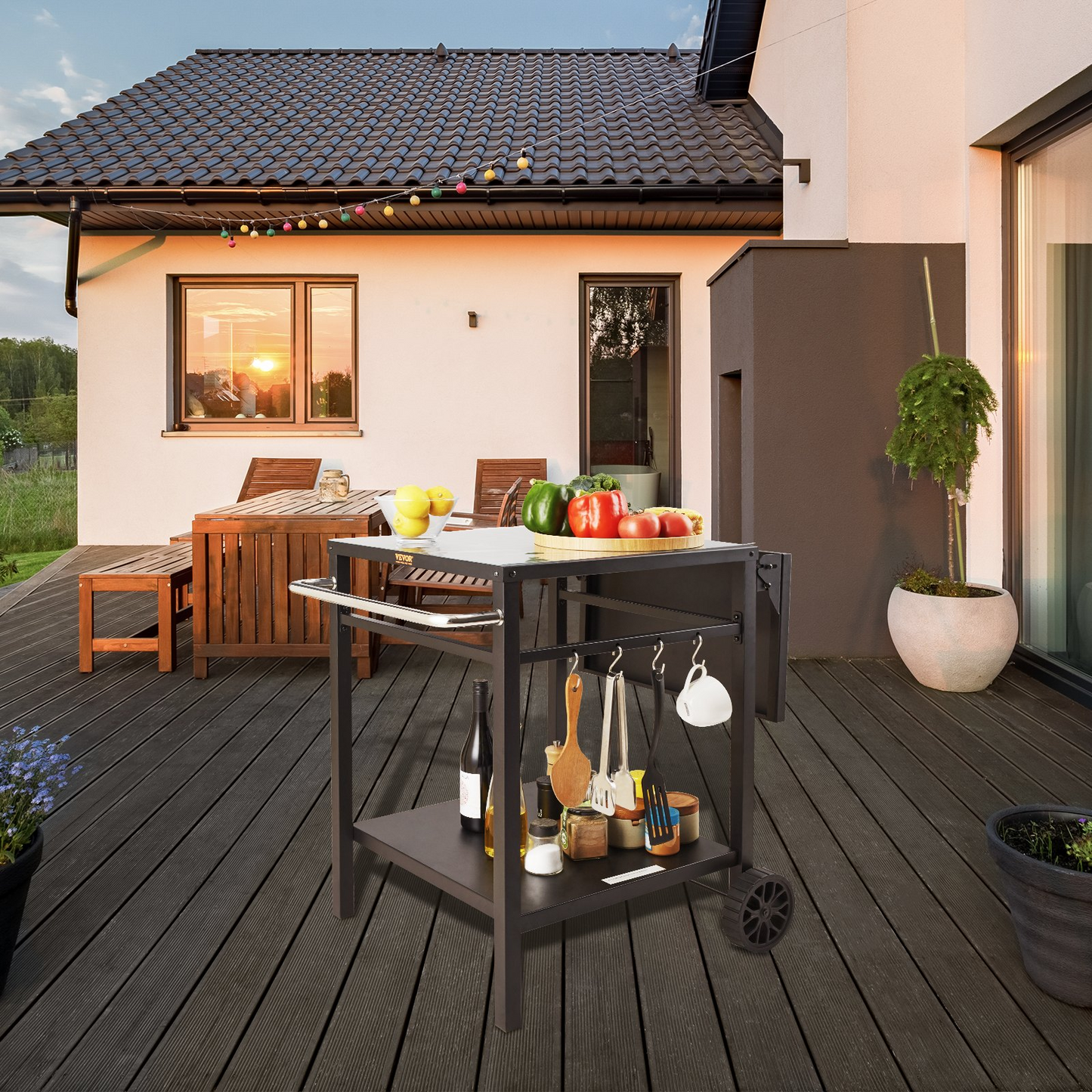 VEVOR Outdoor Grill Dining Cart with Double-Shelf, BBQ Movable Food Prep Table, Multifunctional Foldable Iron Table Top, Portable Modular Carts for Pizza Oven, Worktable with 2 Wheels, Carry Handle