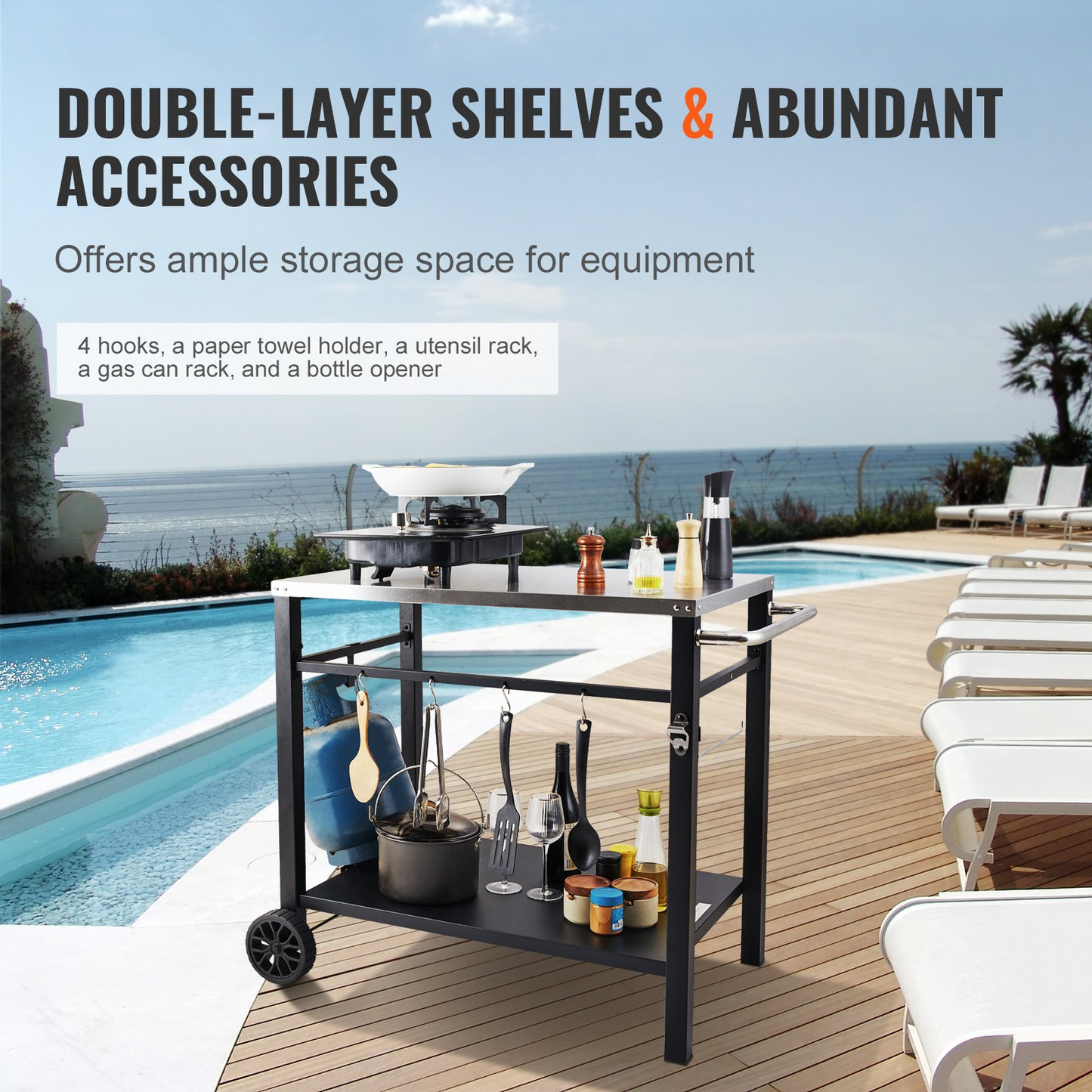 VEVOR Outdoor Grill Dining Cart with Double-Shelf, BBQ Movable Food Prep Table, Multifunctional Stainless Steel Table Top, Portable Modular Carts for Pizza Oven, Worktable with 2 Wheels, Carry Handle