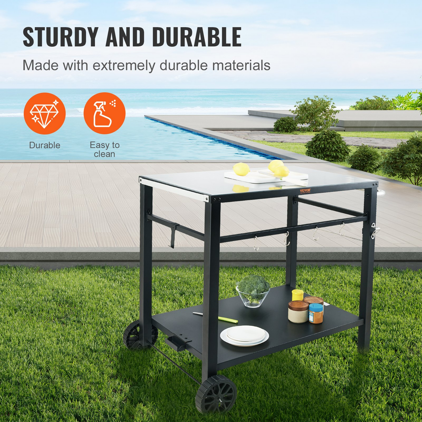 VEVOR Outdoor Grill Dining Cart with Double-Shelf, BBQ Movable Food Prep Table, Multifunctional Iron Table Top, Portable Modular Carts for Pizza Oven, Worktable with 2 Wheels, Carry Handle, Black