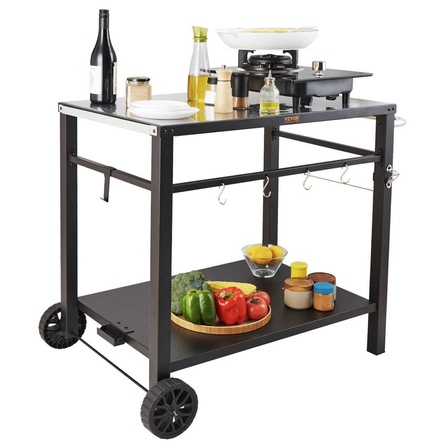 VEVOR Outdoor Grill Dining Cart with Double-Shelf, BBQ Movable Food Prep Table, Multifunctional Iron Table Top, Portable Modular Carts for Pizza Oven, Worktable with 2 Wheels, Carry Handle, Black