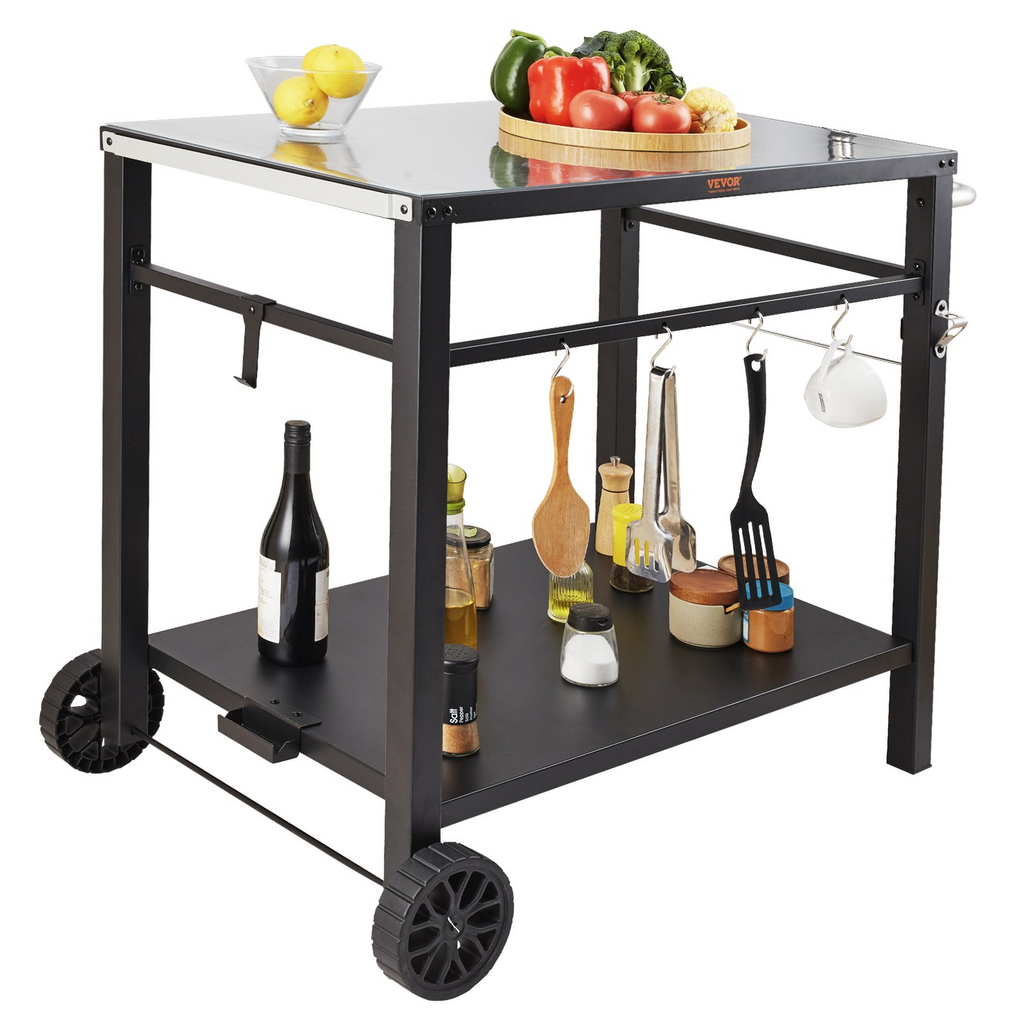 VEVOR Outdoor Grill Dining Cart with Double-Shelf, BBQ Movable Food Prep Table, Multifunctional Iron Table Top, Portable Modular Carts for Pizza Oven, Worktable with 2 Wheels, Carry Handle, Black