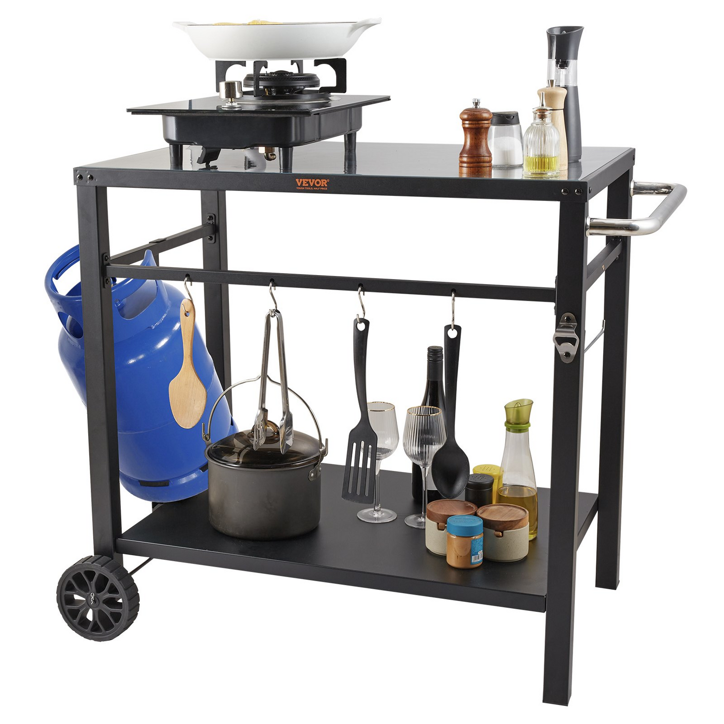 VEVOR Outdoor Grill Dining Cart with Double-Shelf, BBQ Movable Food Prep Table, Multifunctional Iron Table Top, Portable Modular Carts for Pizza Oven, Worktable with 2 Wheels, Carry Handle, Black
