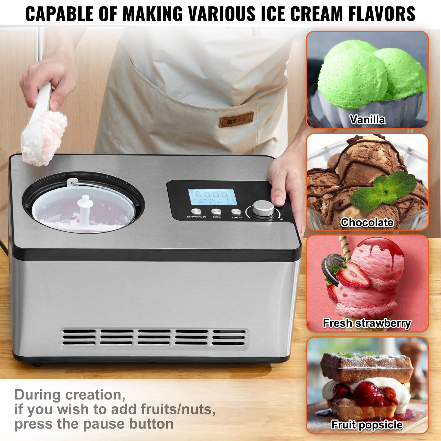VEVOR Automatic Ice Cream Maker with Built-in Compressor, 2 Quart No Pre-freezing Fruit Yogurt Machine, Stainless Steel Electric Sorbet Maker, 3 Modes Gelato Maker with LCD Display & Timer, Silver