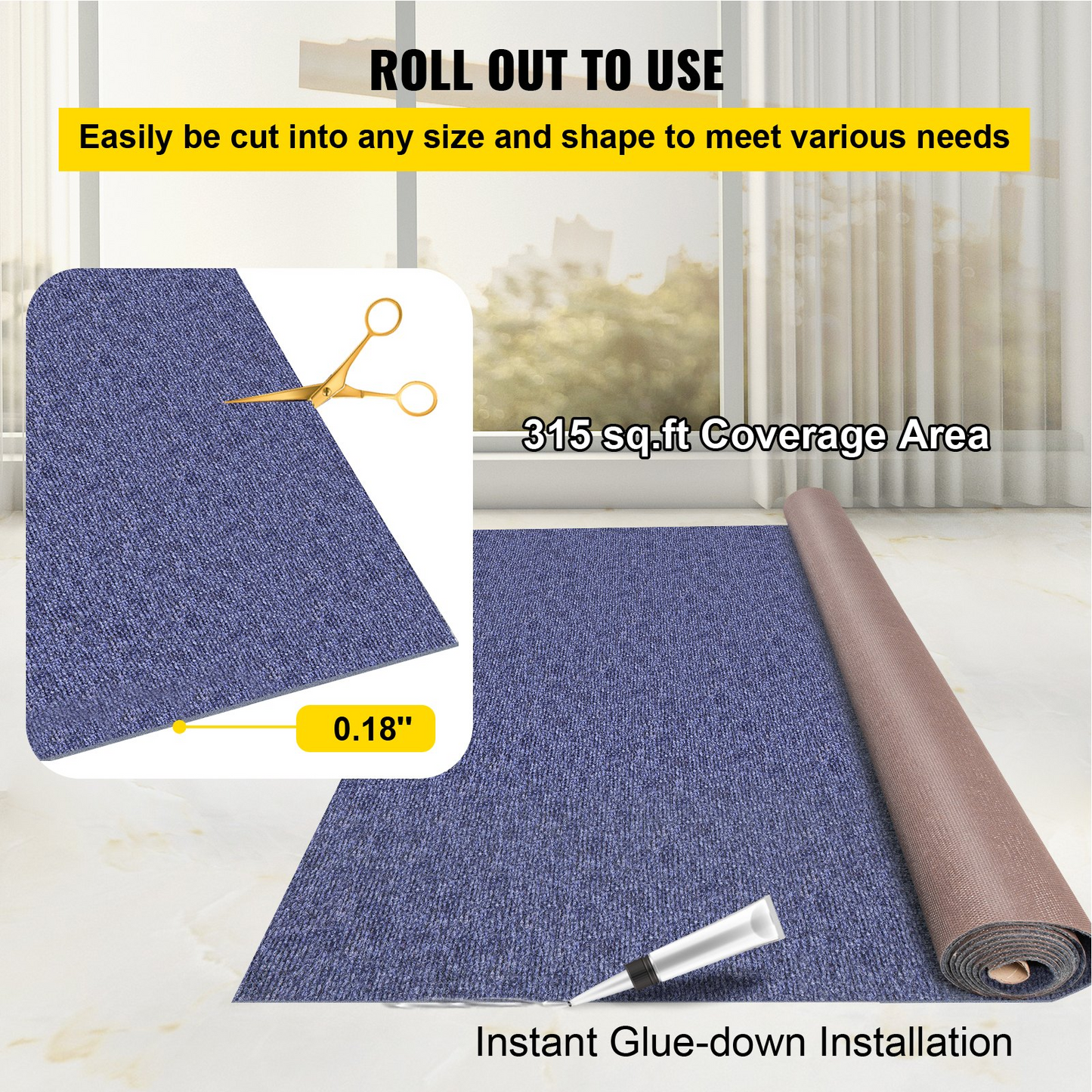 VEVOR Deep Blue Marine Carpet 6 ft x 52.5 ft Marine Carpeting Marine Grade Carpet for Boats with Waterproof Back Outdoor Rug for Patio Porch Deck Garage Outdoor Area Rug Runner Non-Slide Porch Rug