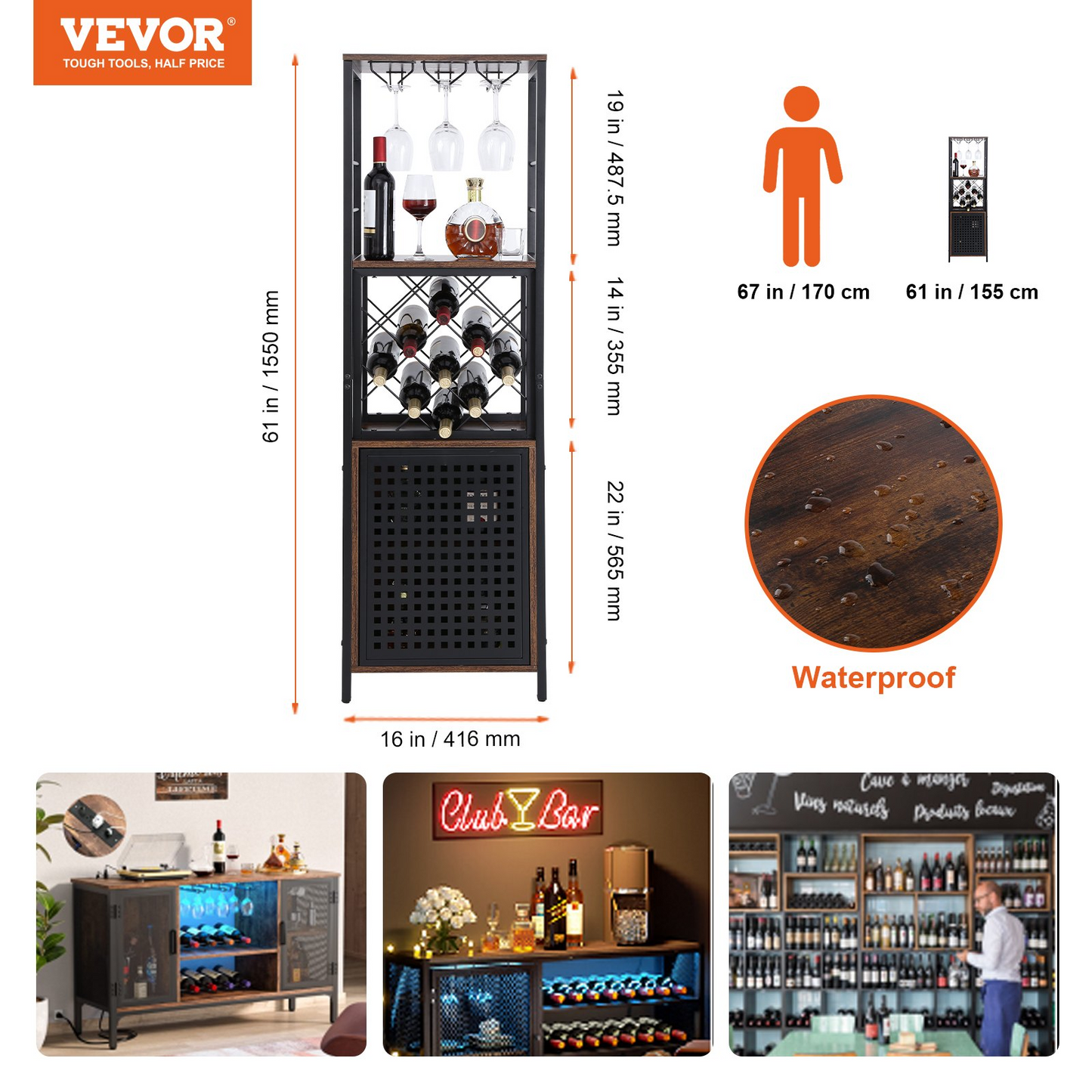 VEVOR 18 Inch Industrial Bar Cabinet, Wine Table for Liquor and Glasses, Sideboard Buffet Cabinet with Glass Holder & Wine Rack, Freestanding Farmhouse Wood Coffee Bar Cabinet for Living Room Home Bar