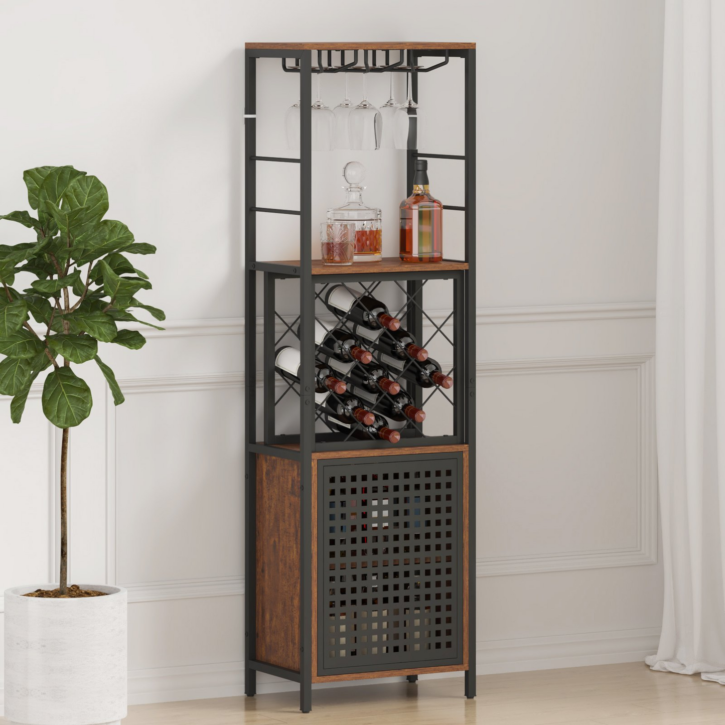 VEVOR 18 Inch Industrial Bar Cabinet, Wine Table for Liquor and Glasses, Sideboard Buffet Cabinet with Glass Holder & Wine Rack, Freestanding Farmhouse Wood Coffee Bar Cabinet for Living Room Home Bar