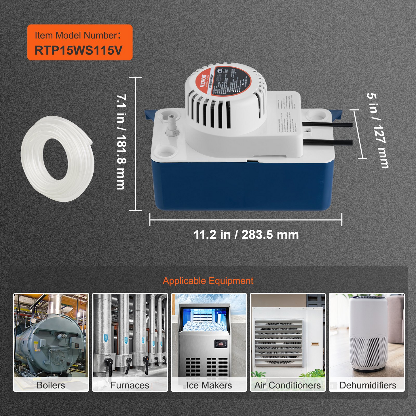 VEVOR Condensate Removal Pump, 1/50 HP, 65 GPH, 15 ft Lift, 115V Automatic AC Condensation Pump with Safety Switch & 20' Tubing for Air Conditioner, Dehumidifier, HVAC, Furnace, Ice Maker Water Drain