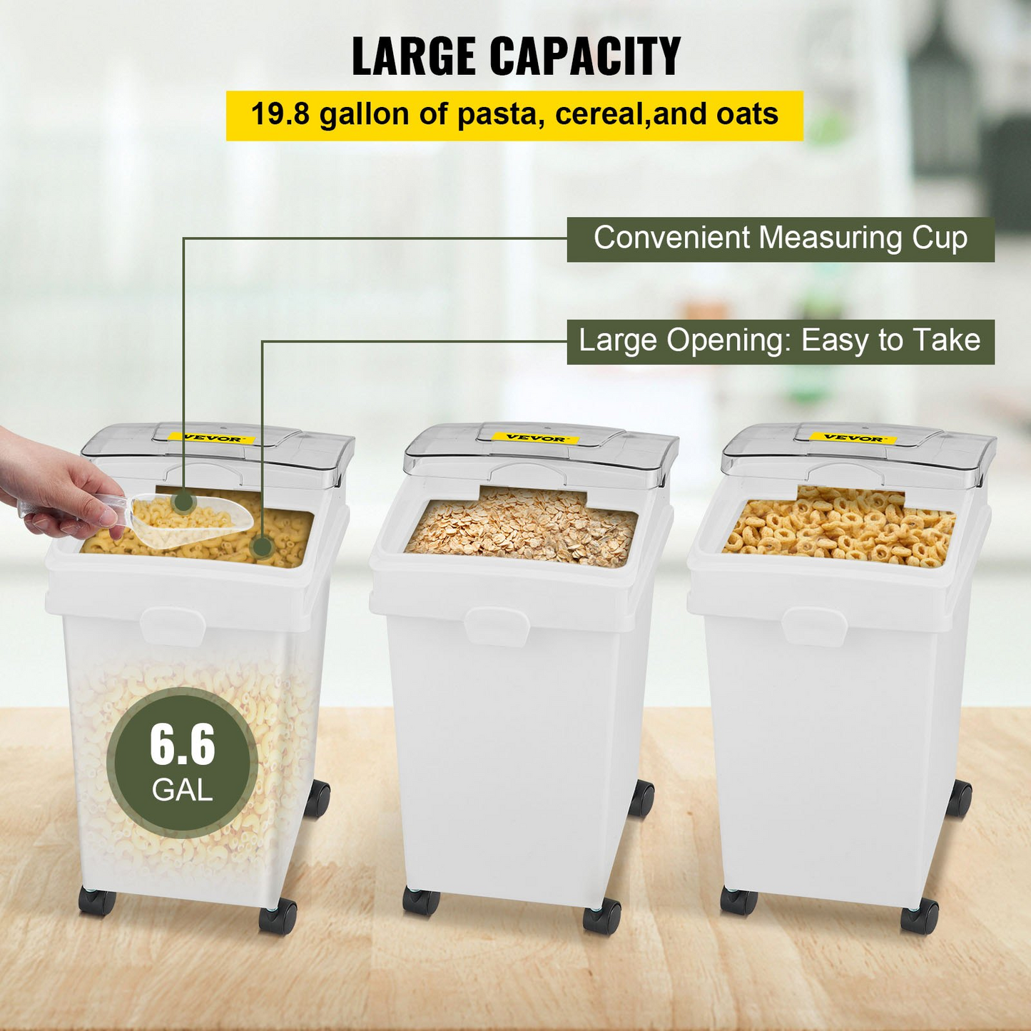 VEVOR Ingredient Bin, 6.6 Gallons Capacity Ingredient Storage Bin, 3 Pcs/Set, PP Material Flour Bins On Wheels, White Shelf Ingredient Bin with Scoop and Sliding Lid, Commercial Storage Bins