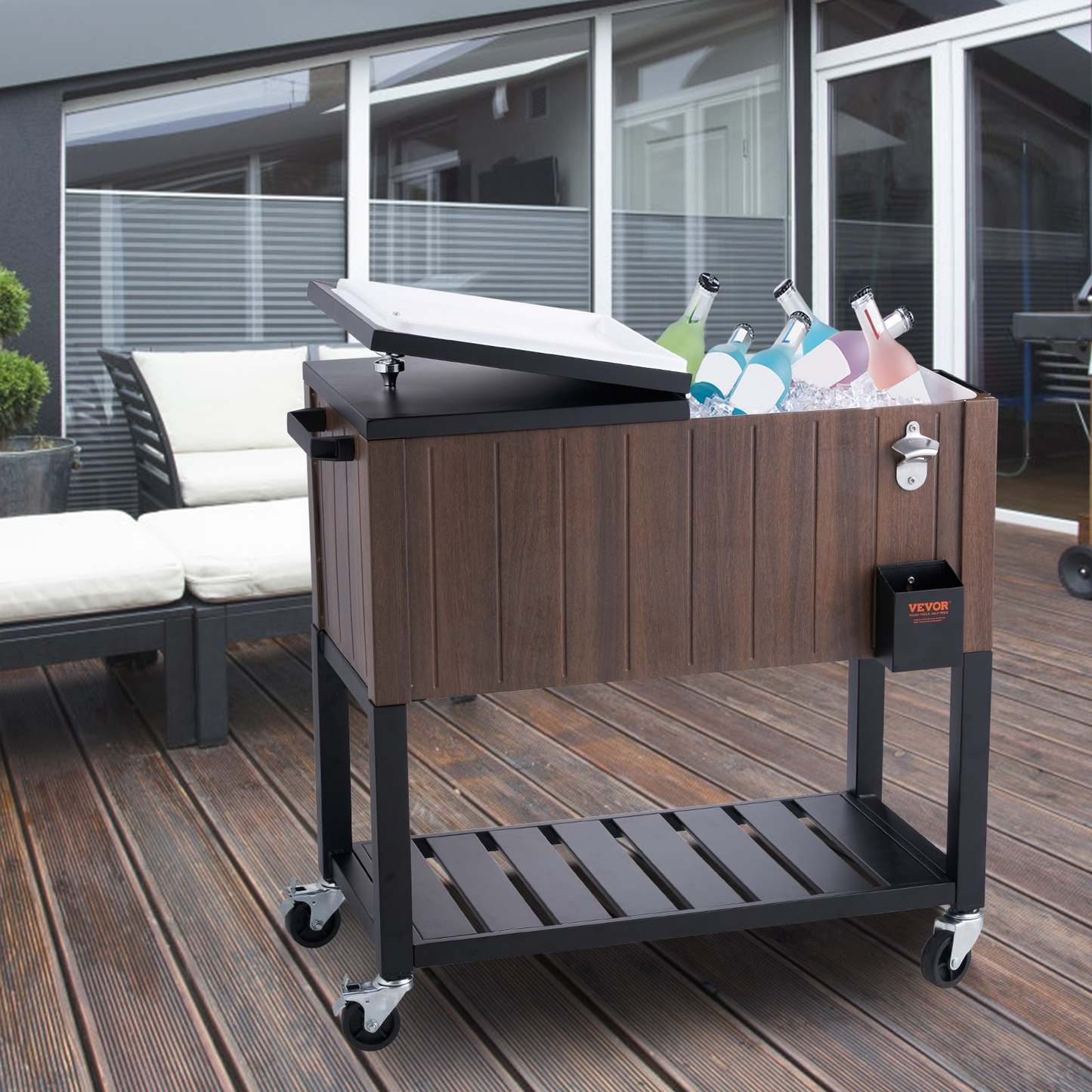 VEVOR Rolling Ice Chest Cooler Cart 80 Quart, Portable Bar Drink Cooler, Beverage Bar Stand Up Cooler with Wheels, Bottle Opener, Handles for Patio Backyard Party Pool, Wooden Teak Accent, Brown