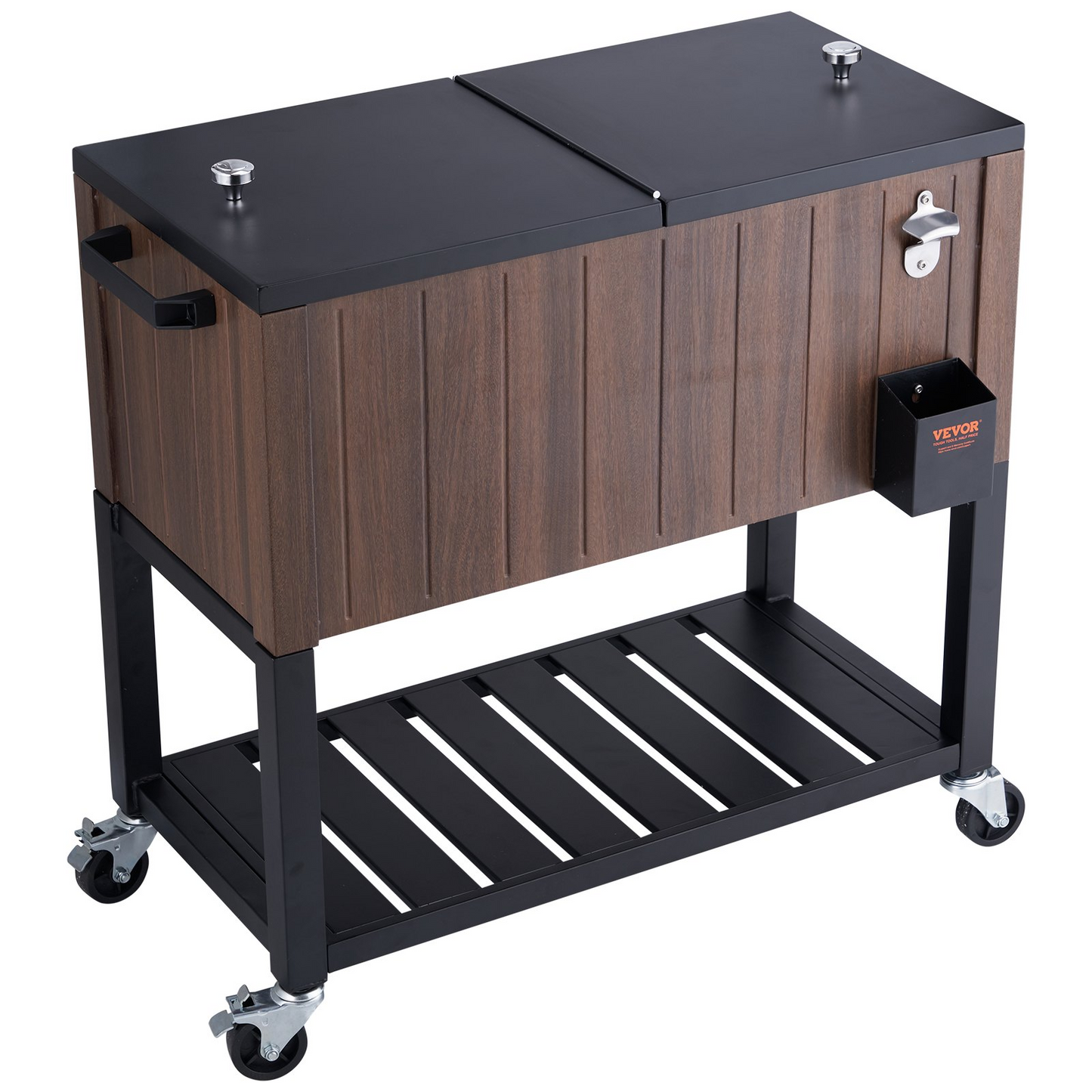 VEVOR Rolling Ice Chest Cooler Cart 80 Quart, Portable Bar Drink Cooler, Beverage Bar Stand Up Cooler with Wheels, Bottle Opener, Handles for Patio Backyard Party Pool, Wooden Teak Accent, Brown