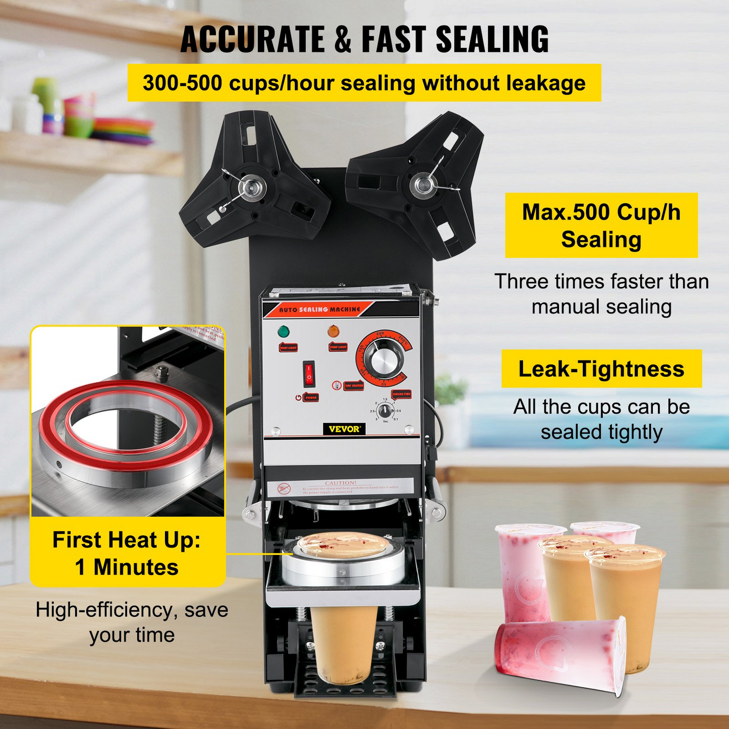 VEVOR Semi-automatic Cup Sealing Machine, 300-500 Cup/h Tea Cup Sealer Machine, Black Boba Cup Sealer Machine, 90/95mm Cup Diameter Boba Cup Sealing Machine with Control Panel for Bubble Milk Tea
