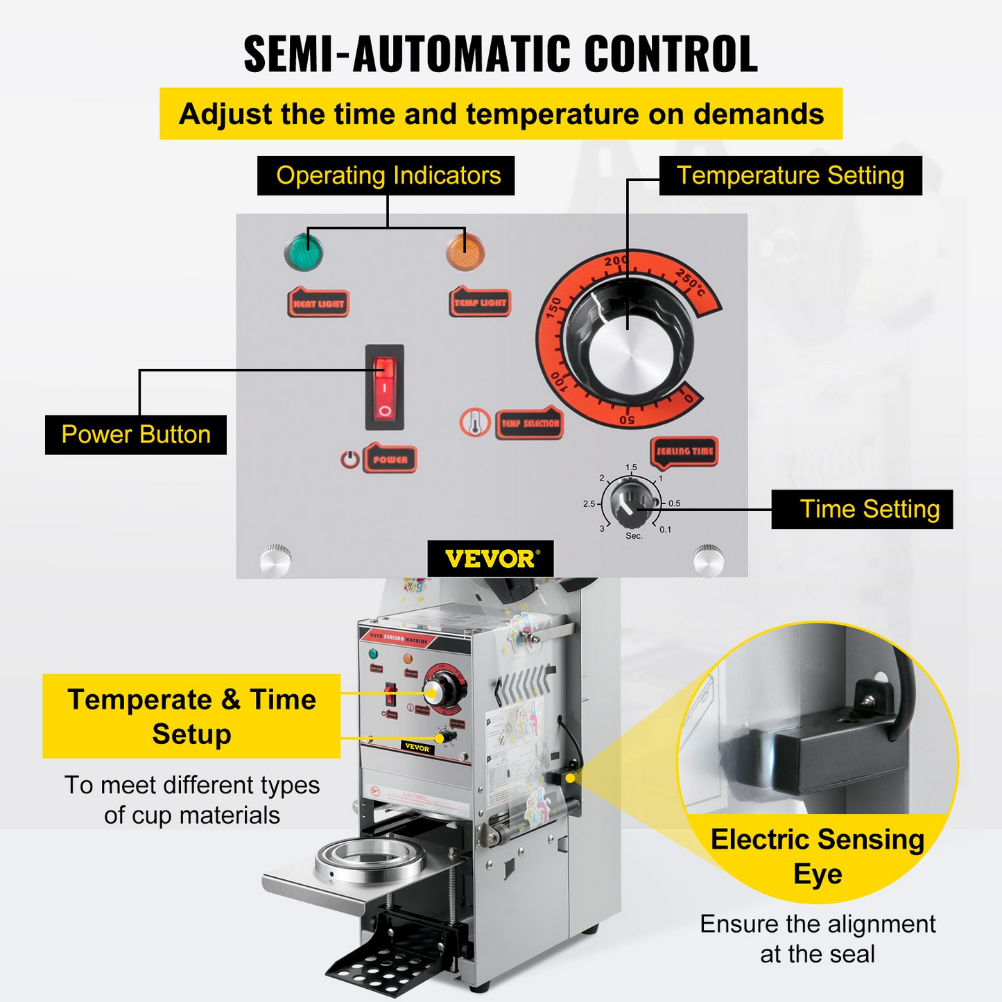 VEVOR Semi-automatic Cup Sealing Machine, 300-500 Cup/h Tea Cup Sealer Machine, Silver Boba Cup Sealer Machine, 90/95mm Cup Diameter Boba Cup Sealing Machine with Control Panel for Bubble Milk Tea