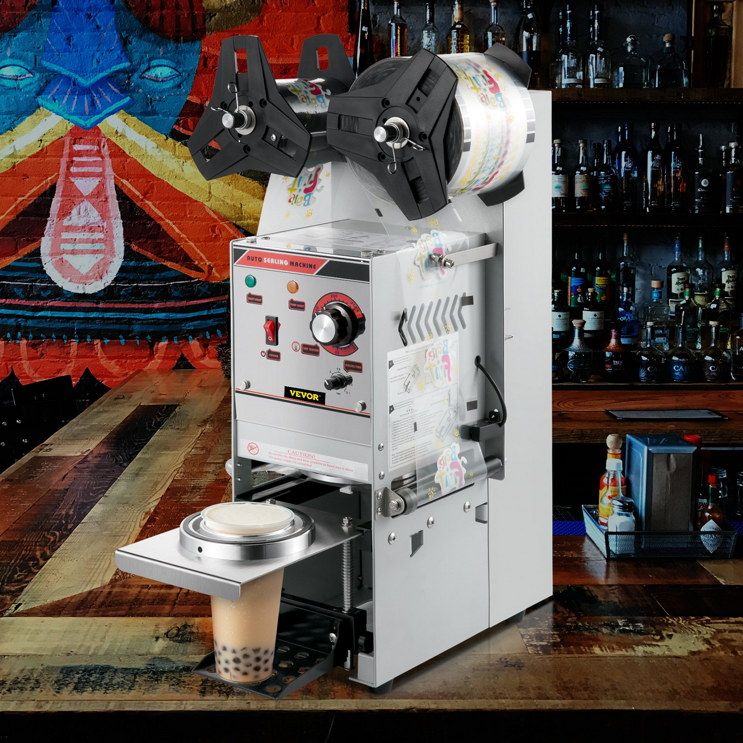 VEVOR Semi-automatic Cup Sealing Machine, 300-500 Cup/h Tea Cup Sealer Machine, Silver Boba Cup Sealer Machine, 90/95mm Cup Diameter Boba Cup Sealing Machine with Control Panel for Bubble Milk Tea