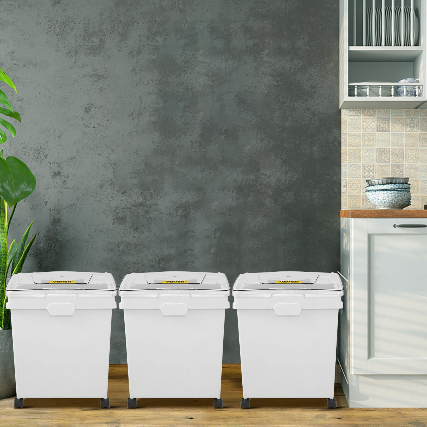 VEVOR Ingredient Bin, 10.5 Gallons Capacity Ingredient Storage Bin, PP Material Flour Bins On Wheels, White Shelf Ingredient Bin with Scoop and Sliding Lid, Commercial Storage Bins 3 Pcs/Set
