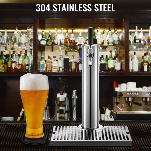 VEVOR Beer Tower, Single Faucet Kegerator Tower, Stainless Steel Draft Beer Tower with 12" x 7" Drip Tray, 3" Dia. Column Beer Dispenser Tower, Beer Tower Kit with Hose, Wrench, Cover for Home & Bar