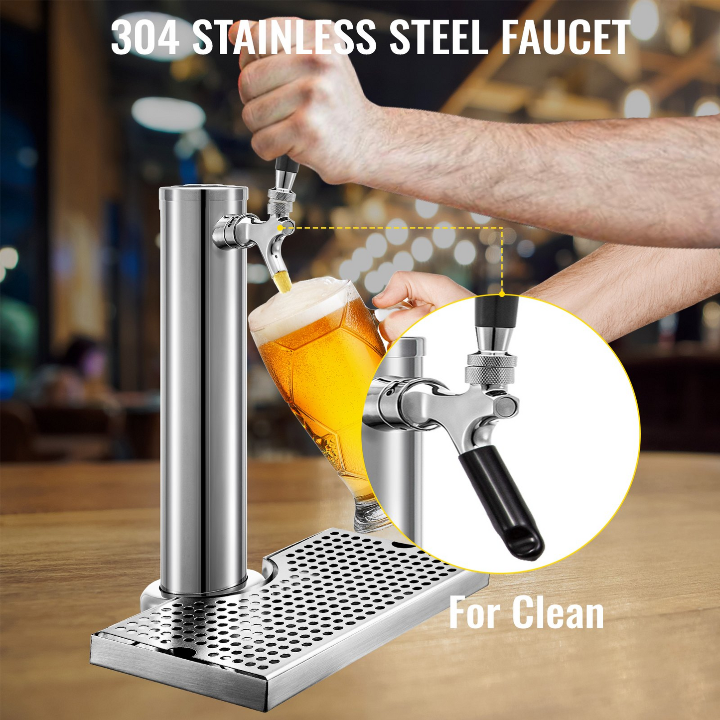 VEVOR Beer Tower, Single Faucet Kegerator Tower, Stainless Steel Draft Beer Tower with 12" x 7" Drip Tray, 3" Dia. Column Beer Dispenser Tower, Beer Tower Kit with Hose, Wrench, Cover for Home & Bar