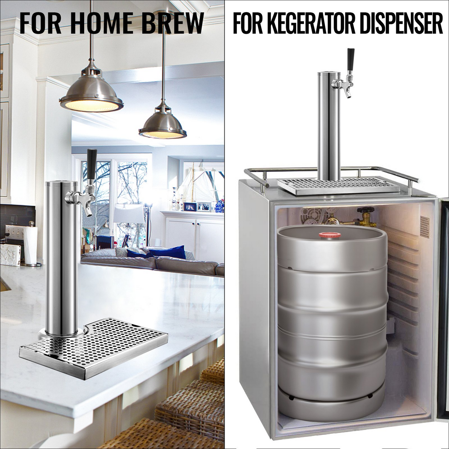 VEVOR Beer Tower, Single Faucet Kegerator Tower, Stainless Steel Draft Beer Tower with 12" x 7" Drip Tray, 3" Dia. Column Beer Dispenser Tower, Beer Tower Kit with Hose, Wrench, Cover for Home & Bar
