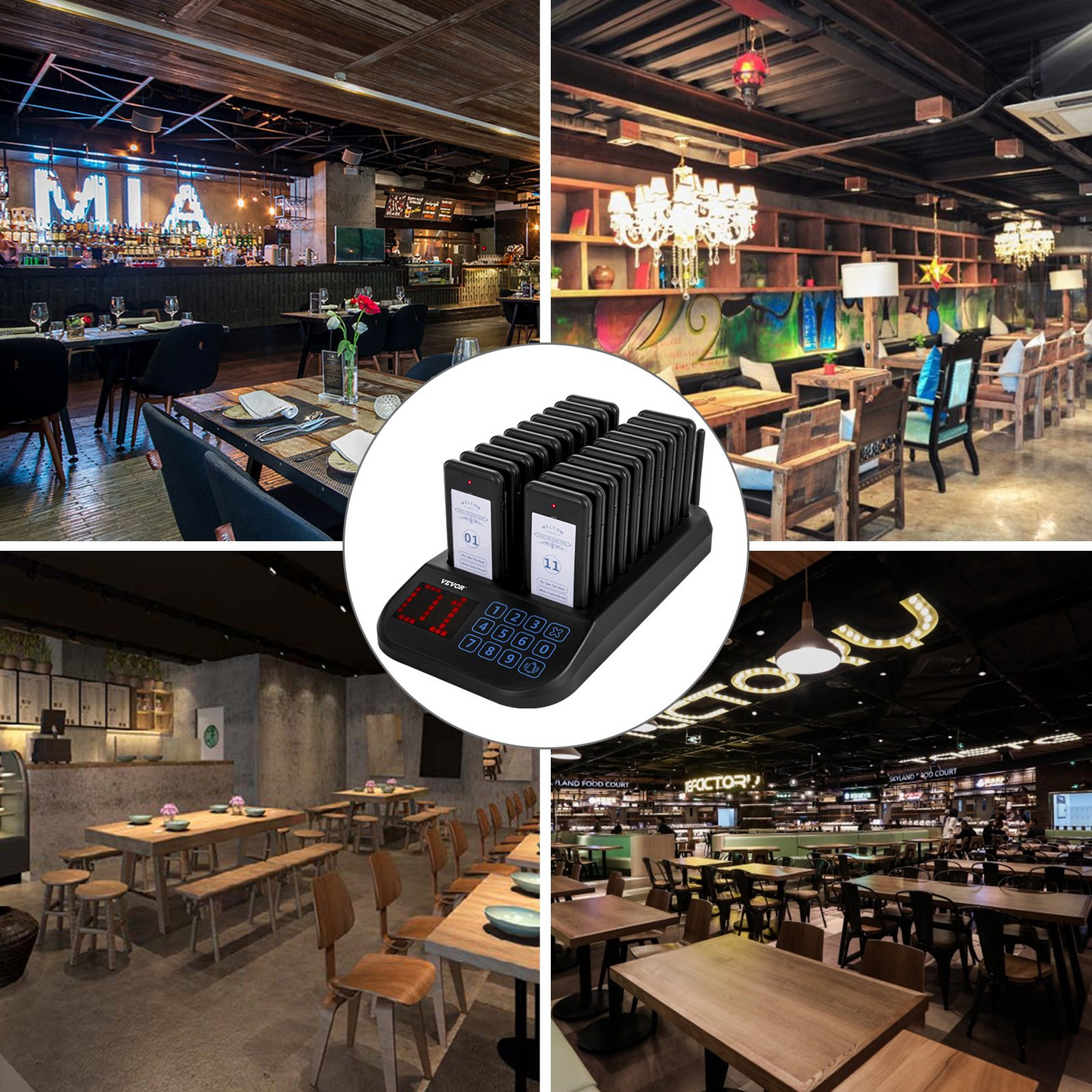VEVOR F103 Restaurant Pager System 20 Pagers, Max 98 Beepers Wireless Calling System, Touch Keyboard with Vibration, Flashing and Buzzer for Church, Nurse,Hospital & Hotel