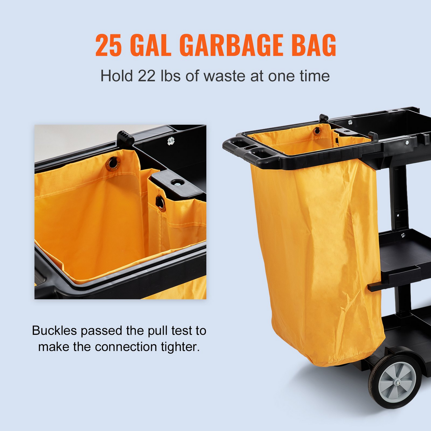 VEVOR Cleaning Cart, 3-Shelf Commercial Janitorial Cart, 200 lbs Capacity Plastic Housekeeping Cart, with 25 Gallon PVC Bag, 47 x 20 x 38.6in, Yellow&Black