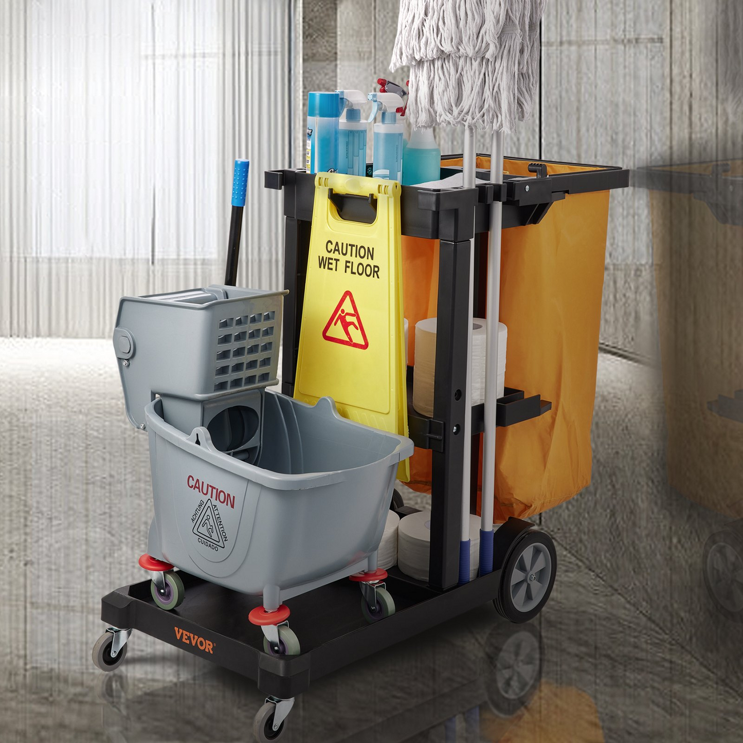 VEVOR Cleaning Cart, 3-Shelf Commercial Janitorial Cart, 200 lbs Capacity Plastic Housekeeping Cart, with 25 Gallon PVC Bag, 47 x 20 x 38.6in, Yellow&Black